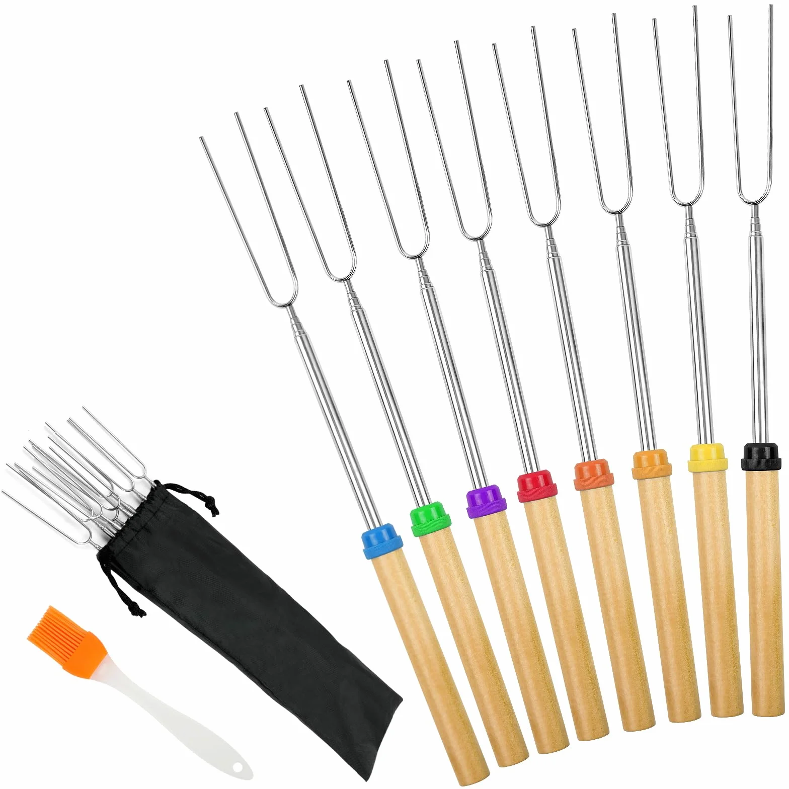 OFFCUP Bastoncini da Tostatura, 8PCS Forchette per Tostare Marshmallow, 81CM Forchette Estensibili BBQ Bastoncini, Forchette da Barbecue Con Spazzola in Silicone(di Legno)