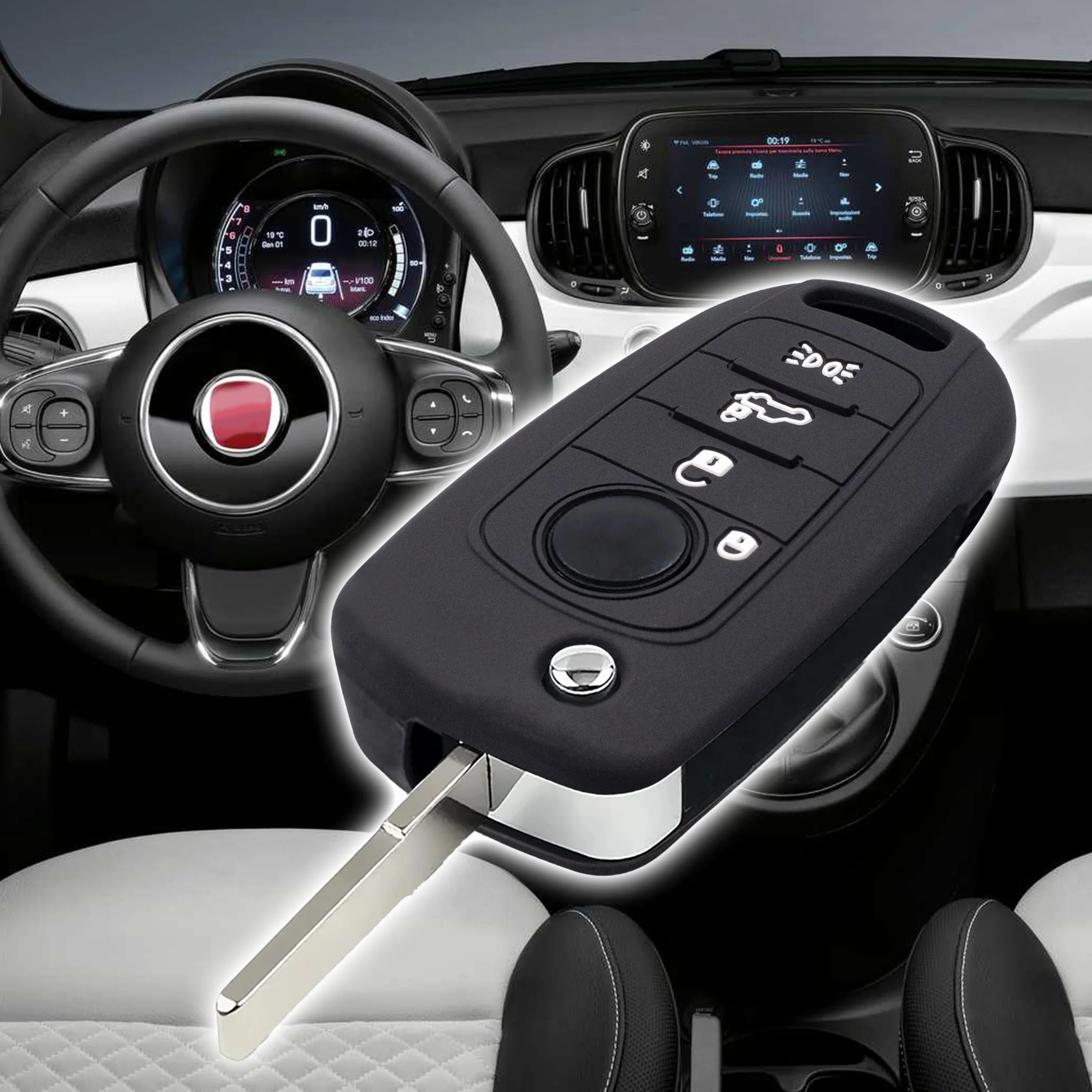 Silicone Cover Chiave per Telecomando Auto Fiat 500X 4 Tasti NERO