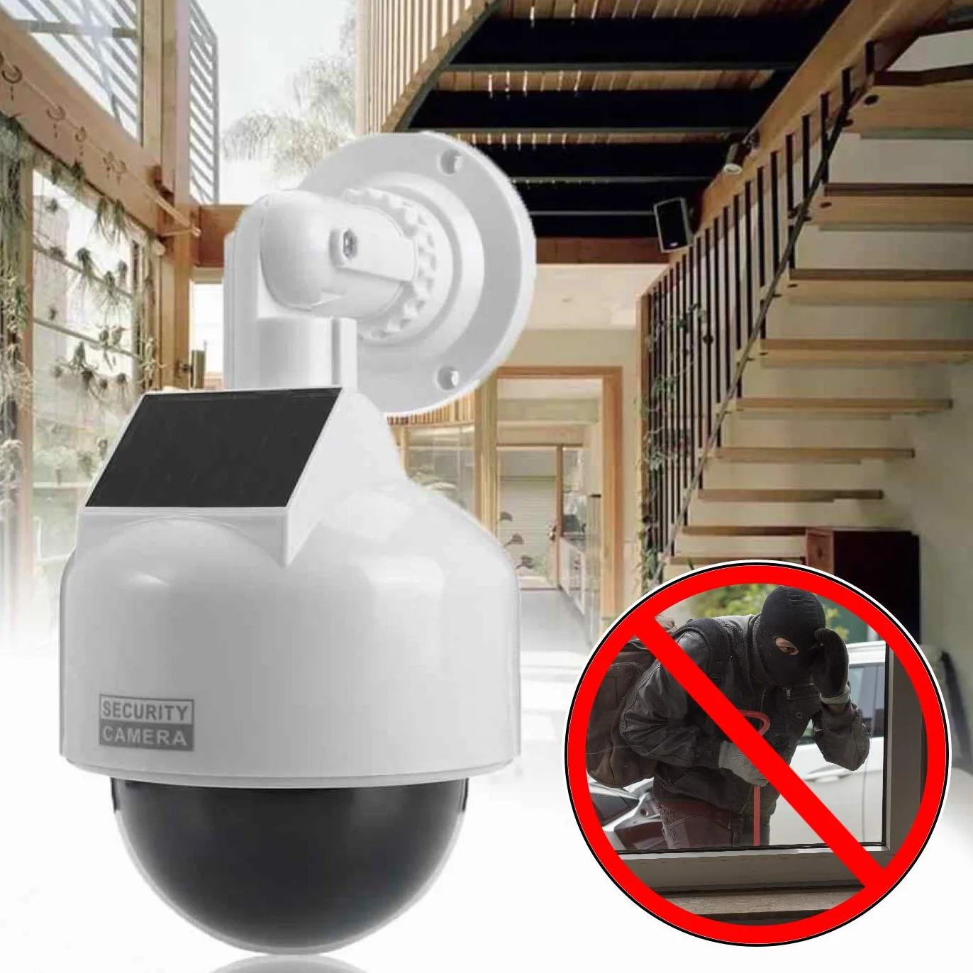 O&W Security Dome Telecamera di sorveglianza solare finta per esterni con LED rossa