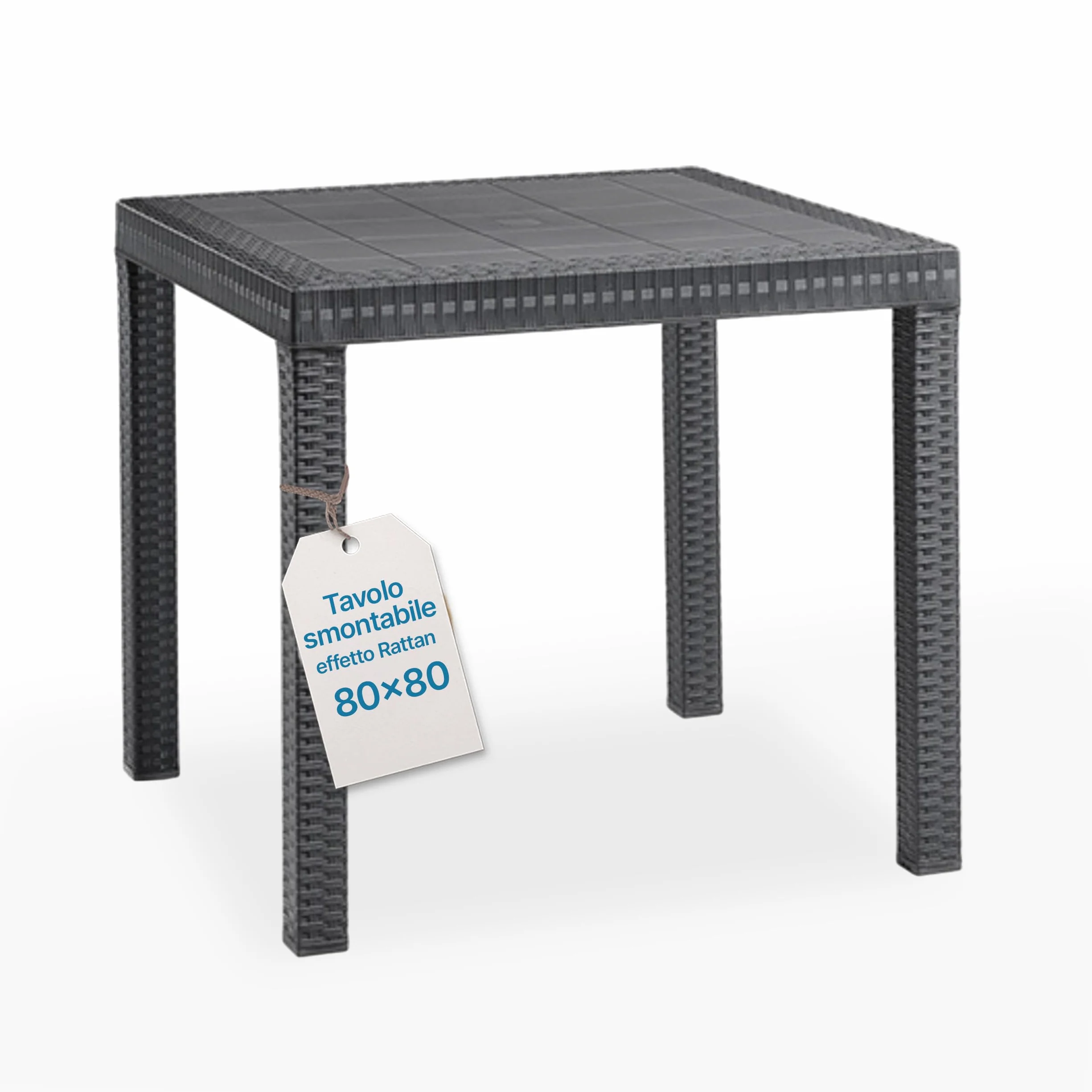 Tomaino - Tavolo da giardino in plastica, quadrato per esterno effetto Rattan, 4 posti, pranzo, bar, balcone (Nero)