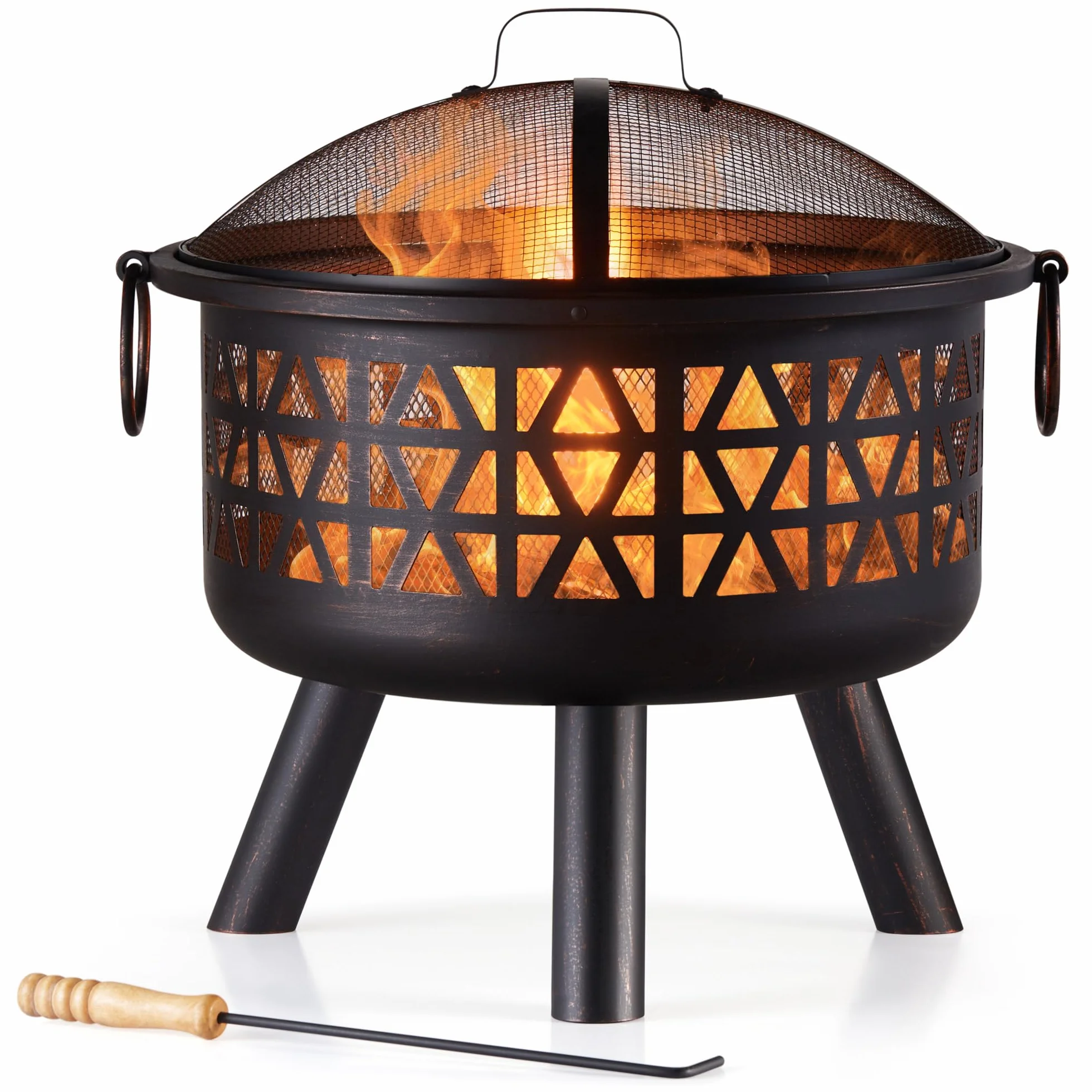 Vonhaus Braciere per esterni, giardino e patio – portatile e leggero, in acciaio bronzato marrone, attizzatoio, rete protettiva e maniglie, legna o carbone (Design Geometrico in Marrone)