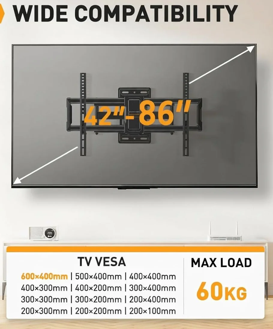 Perlegear Supporto TV Parete a Movimento Completo per Schermi 42-86 Pollici Fino a 60 kg, Staffa TV Inclinabile Estensibile, Max VESA 600x400 mm
