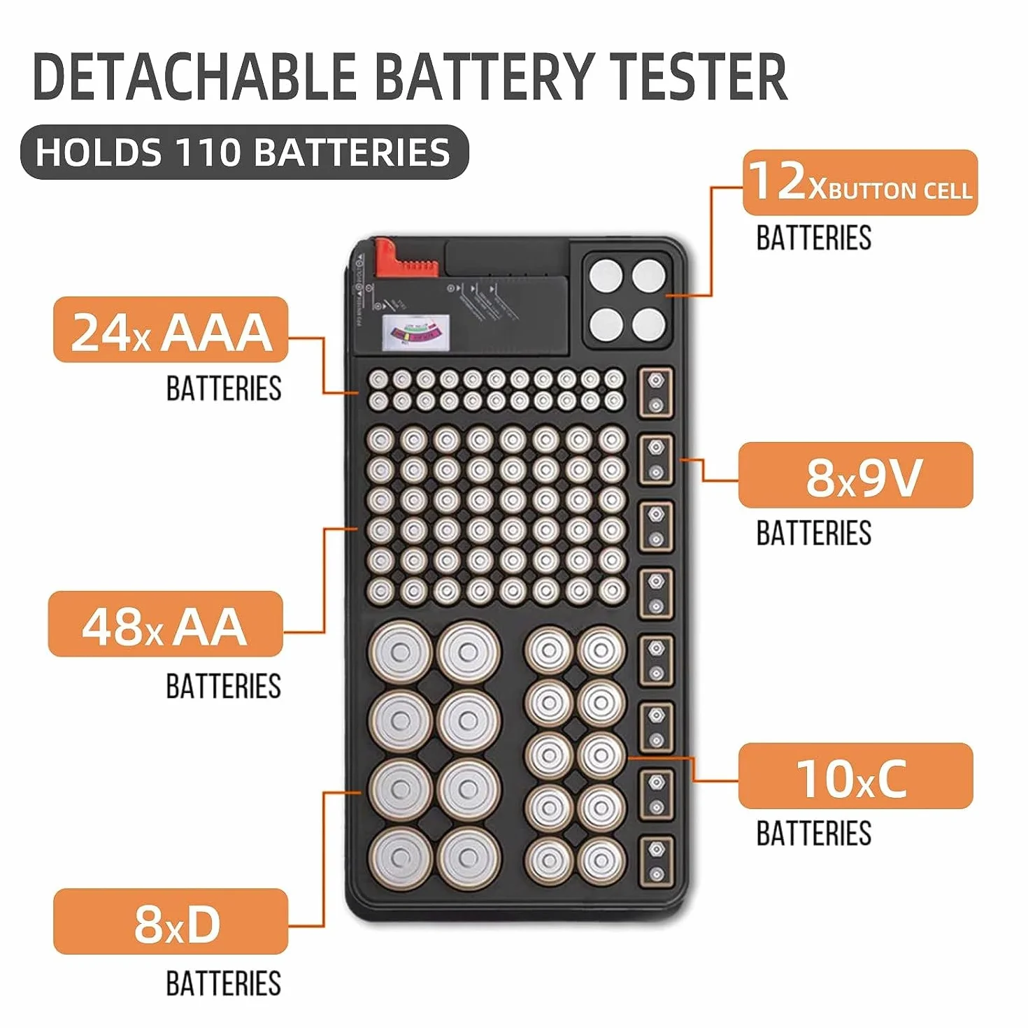 Organizzatore di Batteria 110 Slot per AAA AA 9V C D con Tester Rimovibile