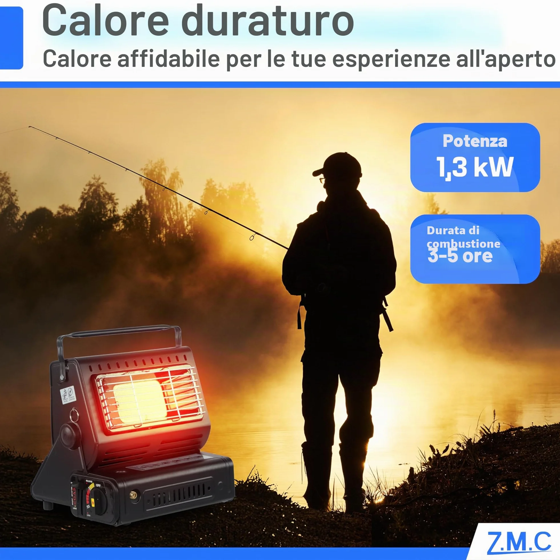 Z. M.C 2-in-1 Riscaldamento a Gas e Fornello a Gas con LPG Collegamento + 4 Cartucce di Gas 227g, Campeggio Riscaldamento 1,3 kW, Stufa per Esterno con Bruciatore Piezo