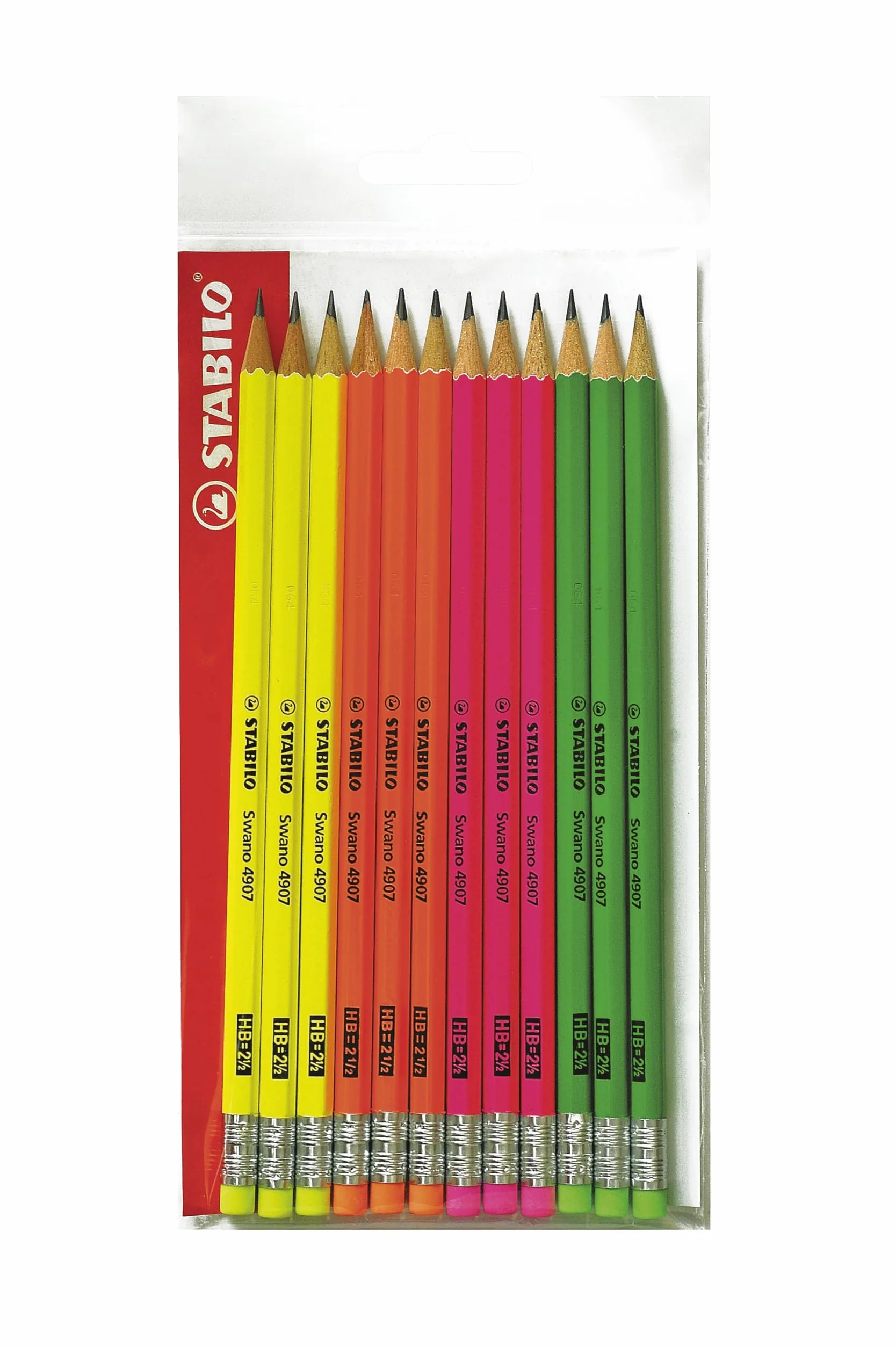 STABILO Swano Fluo Matita in Grafite HB Eco Pack da 12 Gommino Giallo Verde Arancione Rosa