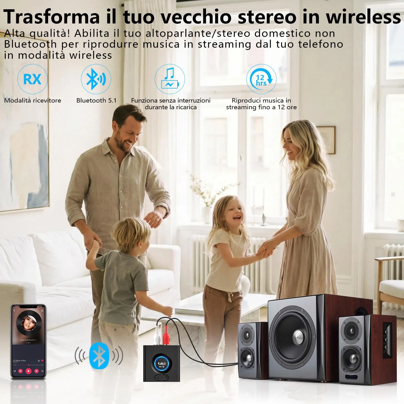 1Mii Ricevitore Bluetooth Senza Fili HiFi, Adattatore Audio Bluetooth RCA/AUX 3,5mm per Impianto Stereo, Autonomia 12H, Bassa Latenza