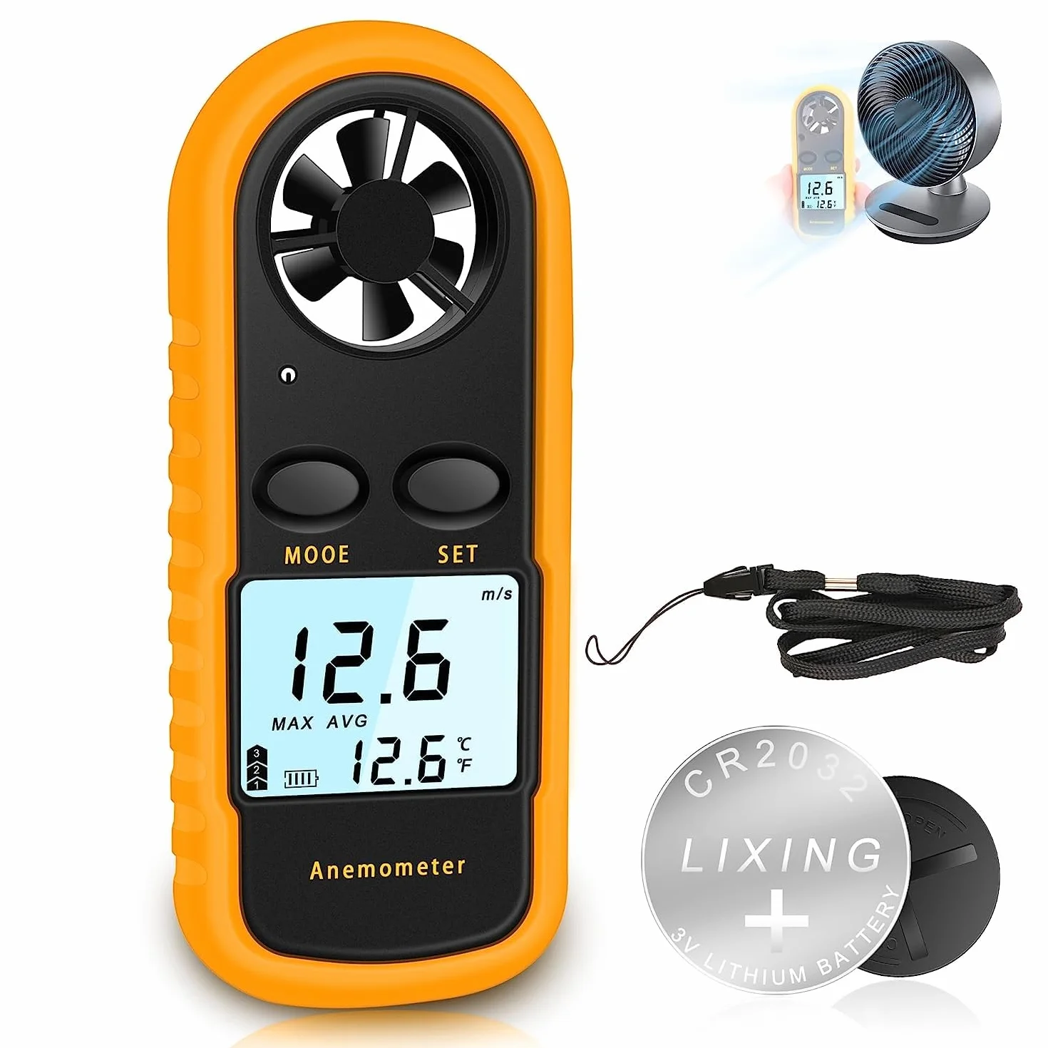Anemometro Portatile, Anemometro Digitale Precisione +/-5%/2°C, Misuratore Digitale di Velocità del Vento con Display LCD, Velocità Flusso Aria Termometro per Esterni/HAVC/Droni/Caccia/Pesca