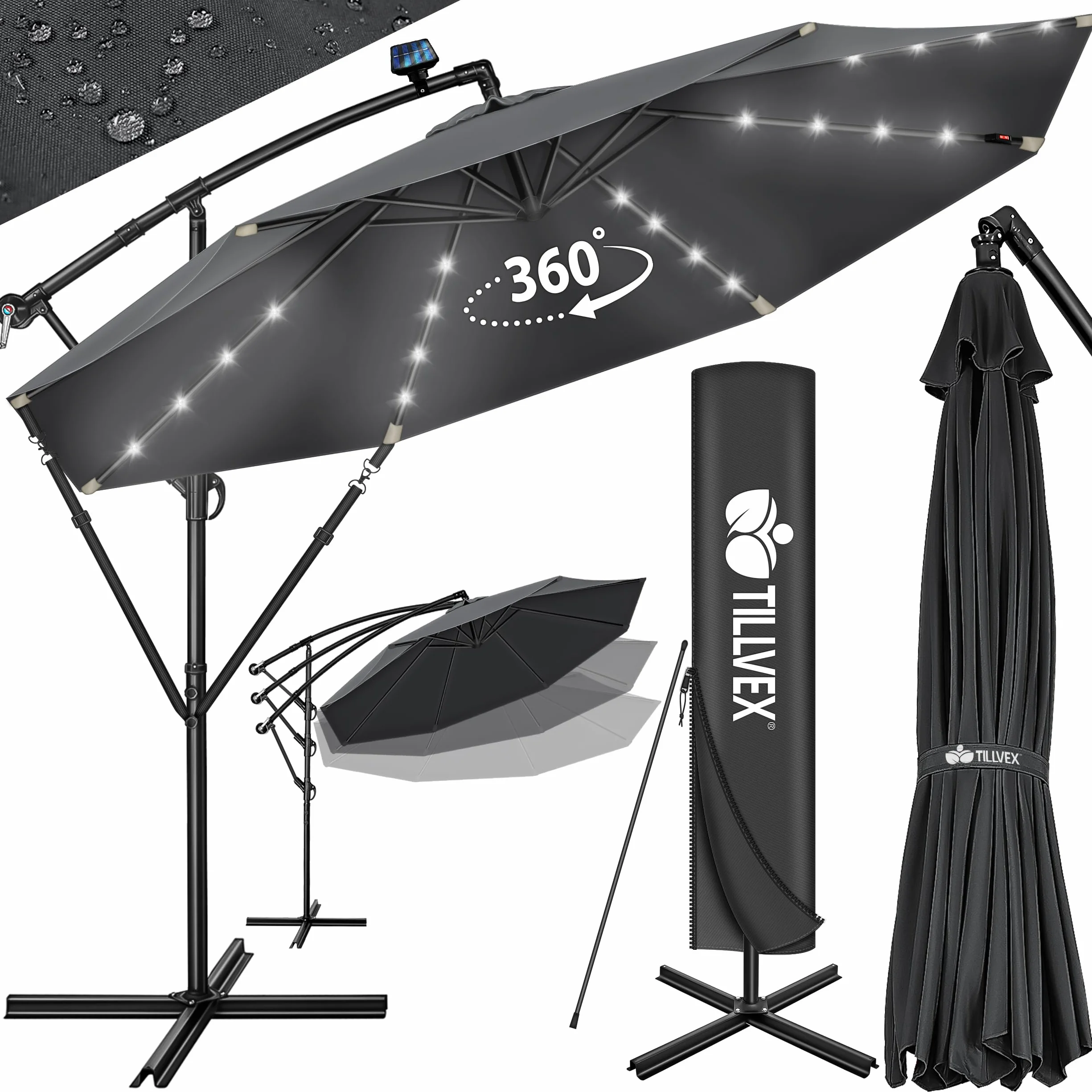 Tillvex Ombrellone Giardino LED Solar Ø300 cm Manovella Base | Interruttore UV-Proof Alluminio Impermeabile