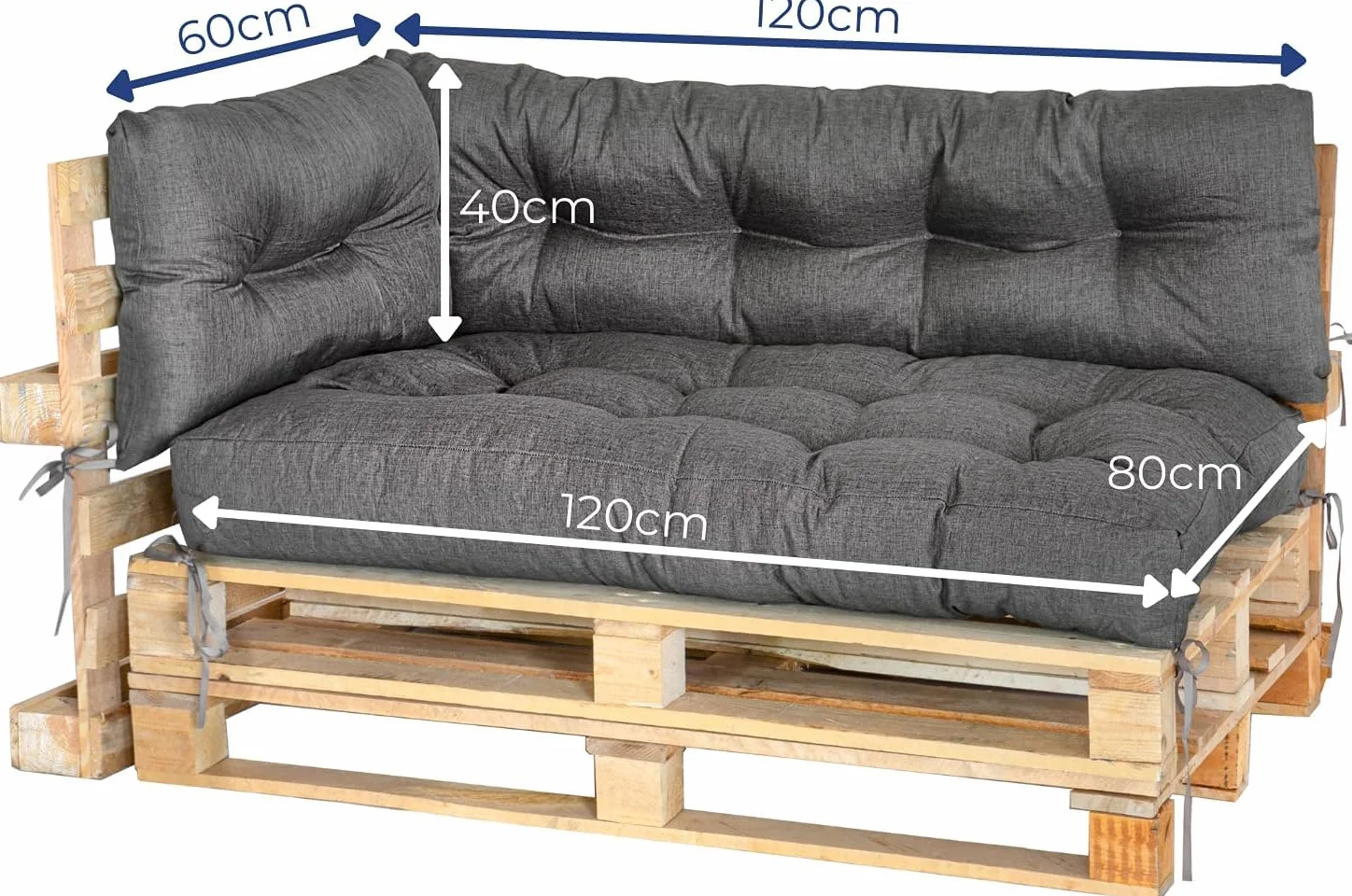 MKS Cuscino pallet Set di 3 impermeabile 120x80 120x40 60x40 cm con cinghie