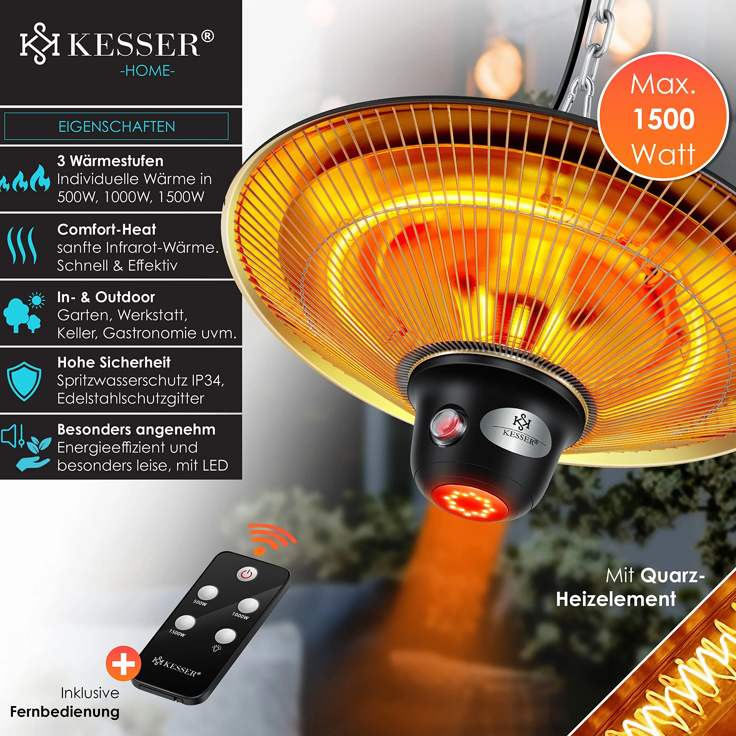 KESSER® Riscaldatore radiante a soffitto con telecomando, Riscaldatore per patio, infrarosso, riscaldatore, radiatore a infrarossi, radiatore di calore, patio, radiatore al quarzo, potenza: 1500W
