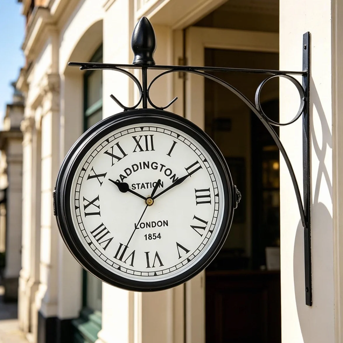 JHY DESIGN Orologio a doppia faccia 21 centimetri in metallo, orologio da stazione impermeabile da parete, orologio da giardino retrò a sospensione, orologio decorativo rotondo con supporto a parete