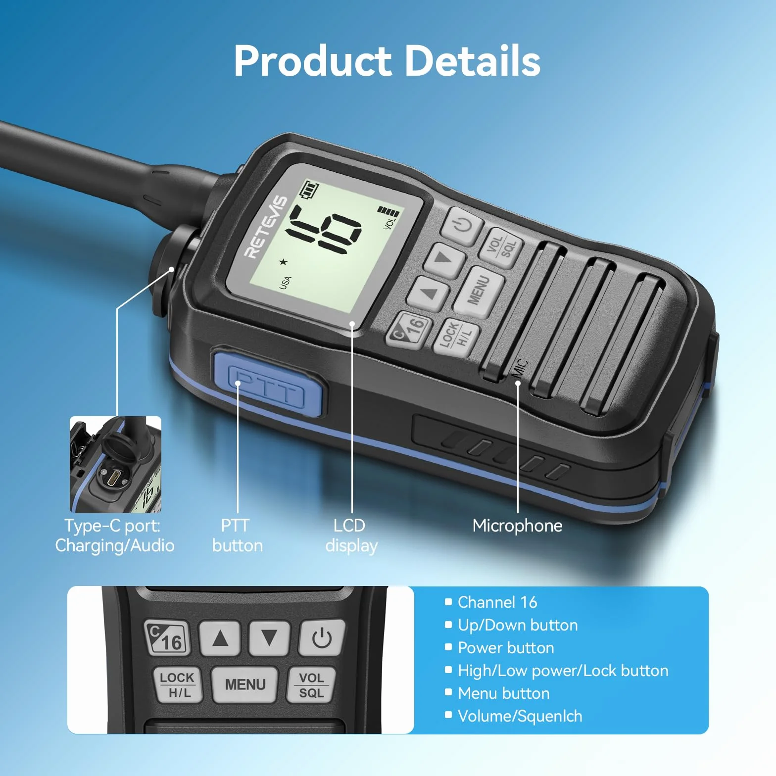 Retevis RM01P Marine Walkie Talkie IP67 Impermeabile VHF 88 Canali 1750mAh Tipo C Nero