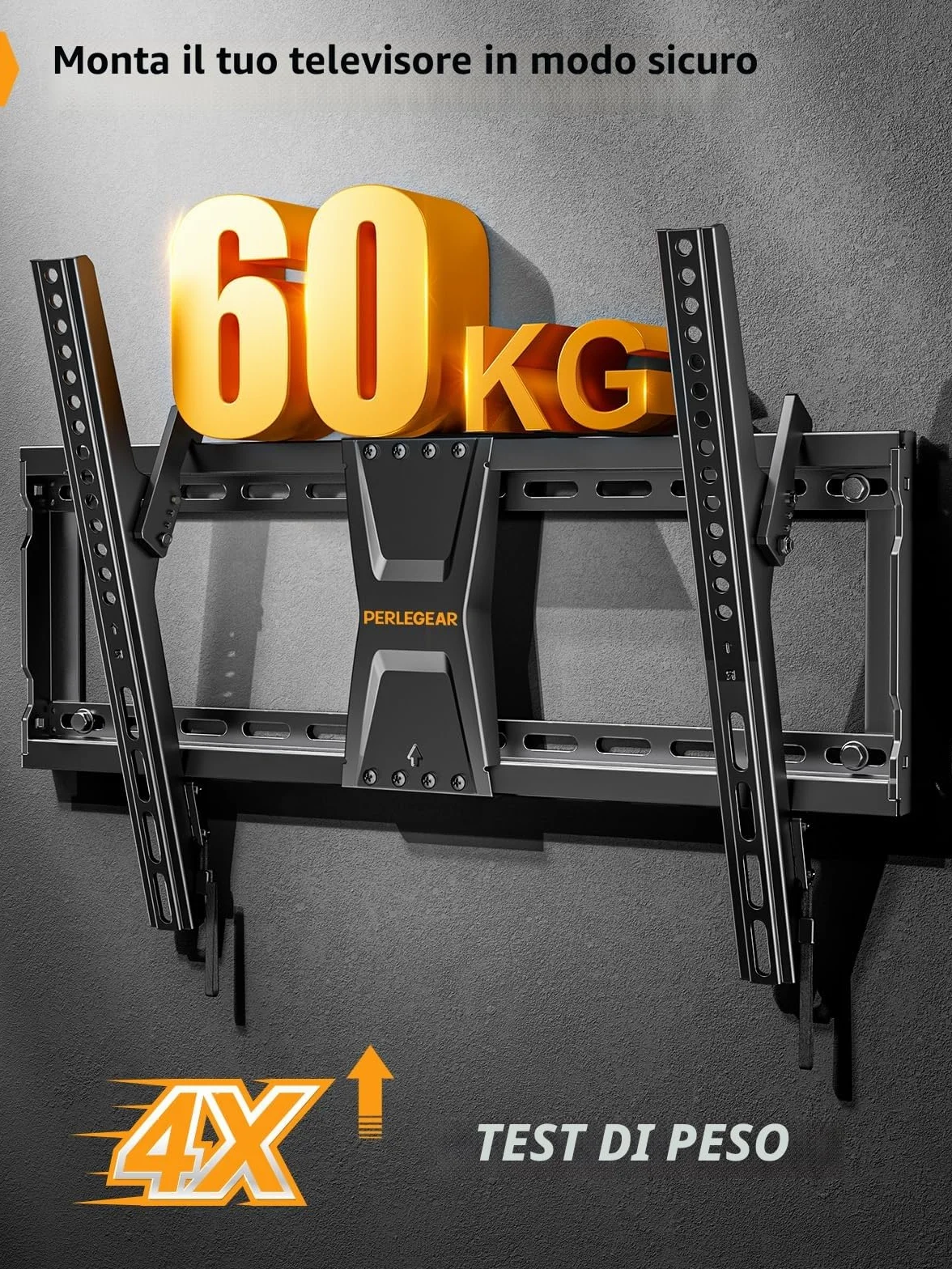 Perlegear Supporto TV Parete 37-82 Pollici, Staffa TV Inclinabile 60 kg, VESA 600x400 mm