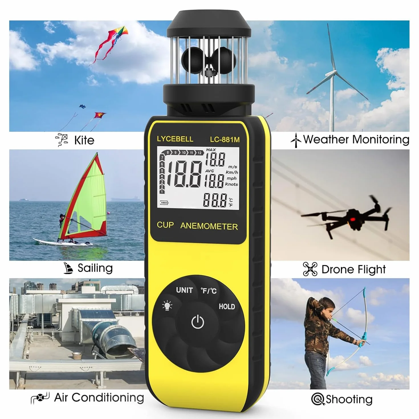 ‌Anemometro Digitale Portatile LC-881M, Misuratore di Velocità del Vento e Temperatura con Bussola Integrata, 360° Direzione Vento per Esterni, Droni, Nautica, Surf, Pesca, Montagna‌