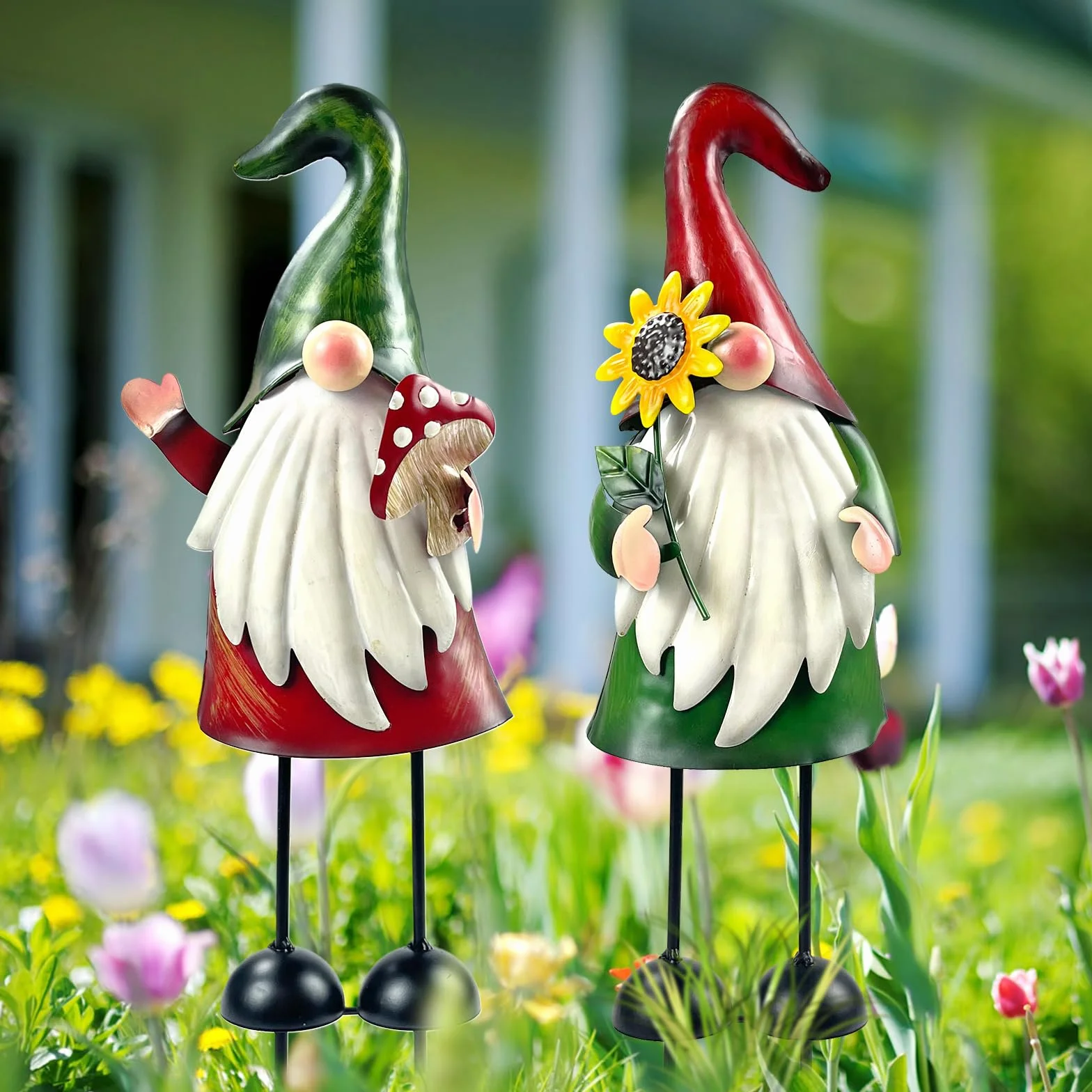 HONGLAND Gnomo da giardino statua in metallo per esterni, 45,7 cm, gnomo decorativo per vacanze, Natale, prato, patio, cortile, giardino, 2 pezzi
