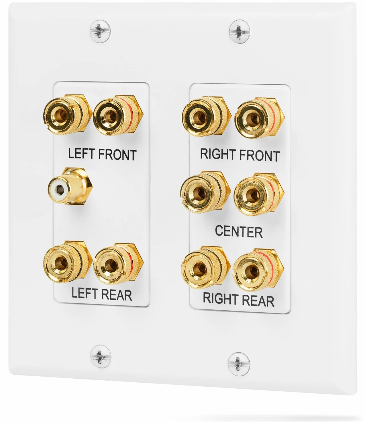Fosmon 2-Gang 5.1 Surround Home Theater Wall Plate Gold Plated Copper Banana Binding Post Coupler for 5 Speakers 1 RCA Subwoofer White