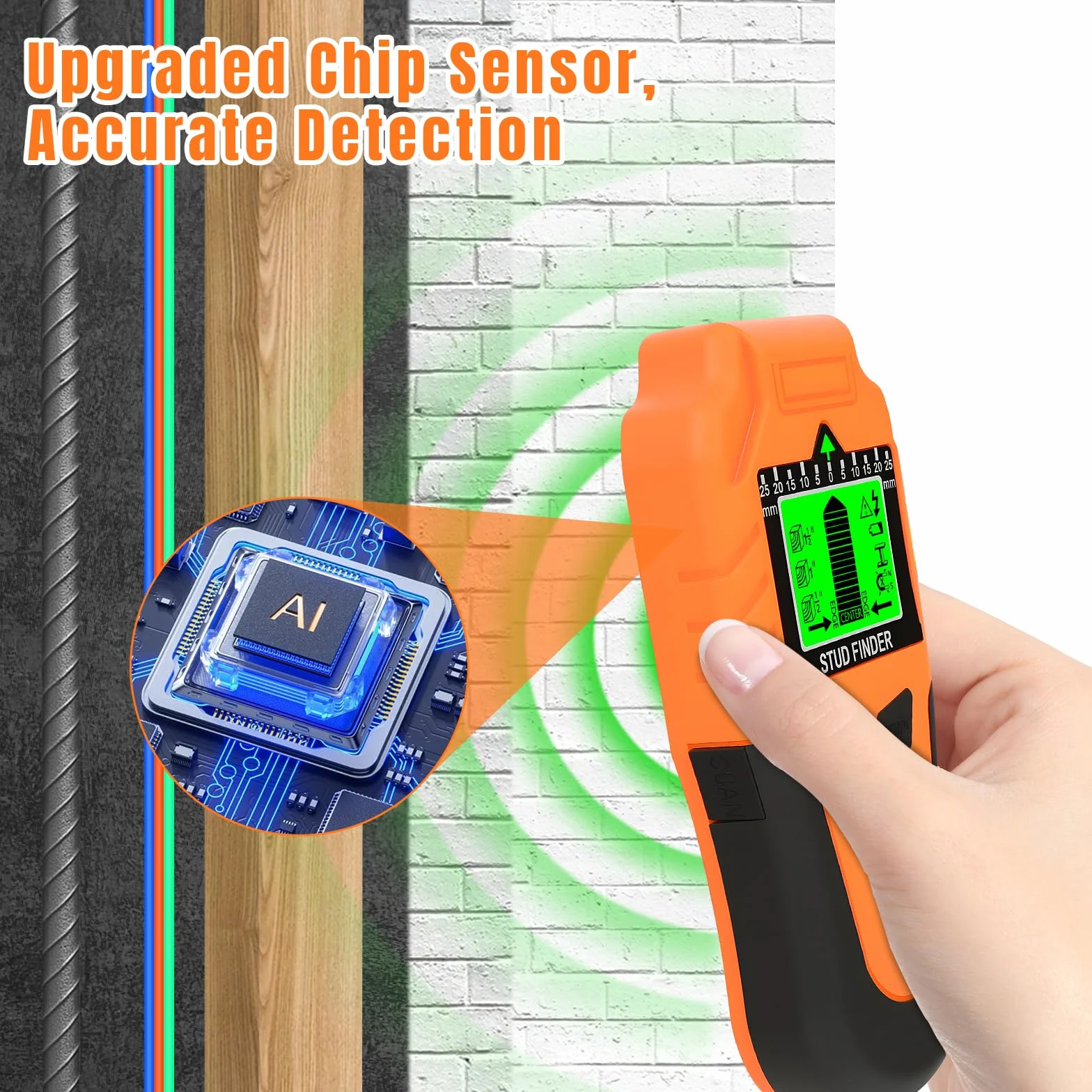Rilevatore tubi e cavi elettrici 6-in-1 - Rilevatore Stud Avanzato con Display LCD e Allarme Sonoro, Sensore da Parete Preciso per Legno, Metallo e Fili (Arancione)