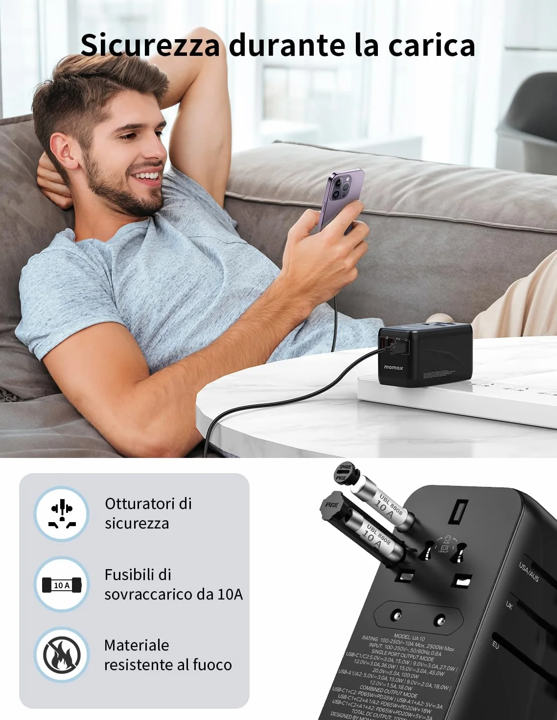 MOMAX Adattatore Universale da Viaggio 100 W 5-in-1 USB-C USB-A AC Presa Universale 224+ Paesi