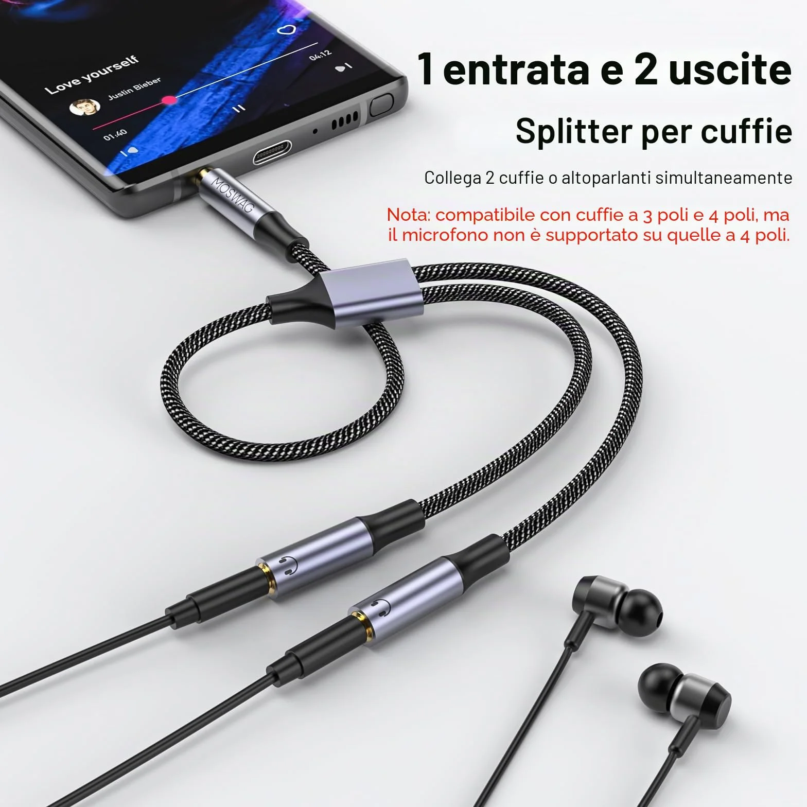 MOSWAG Sdoppiatore Audio Jack 3,5 per Cuffie Splitter Samsung iPhone PS4 Switch PC
