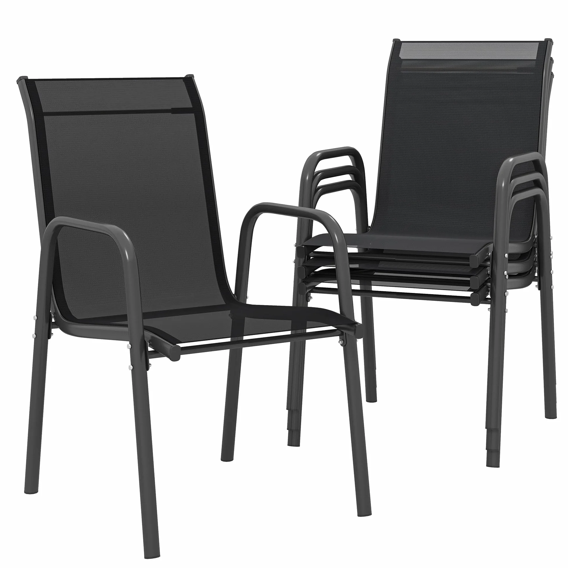 Outsunny Set 4 Sedie da Giardino Impilabili in Texteline Traspirante, Sedie per Pranzo da Esterno con Schienale Alto e Braccioli, in Metallo, da Patio, Balcone, Terrazza, Esterno, 51x69x87 cm, Nero