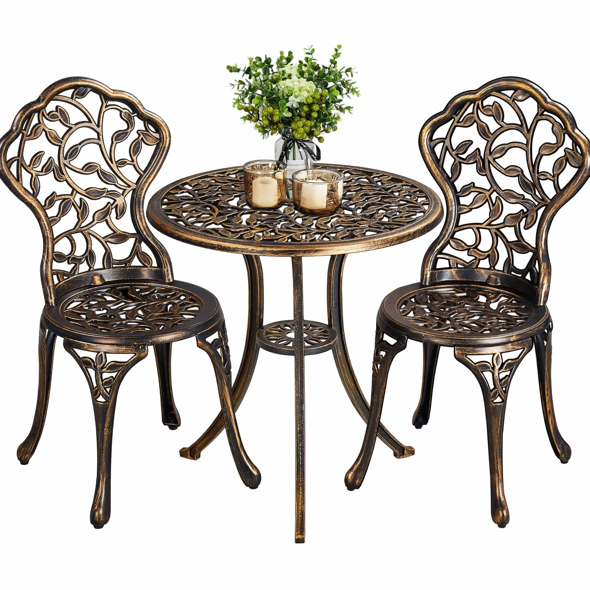 Yaheetech Set di Tavolo e Sedie da Giardino 2 Sedie 3 Pezzi Bistrò Veranda Set Mobili Balcone Motivo a Foglia in Alluminio Bronzo
