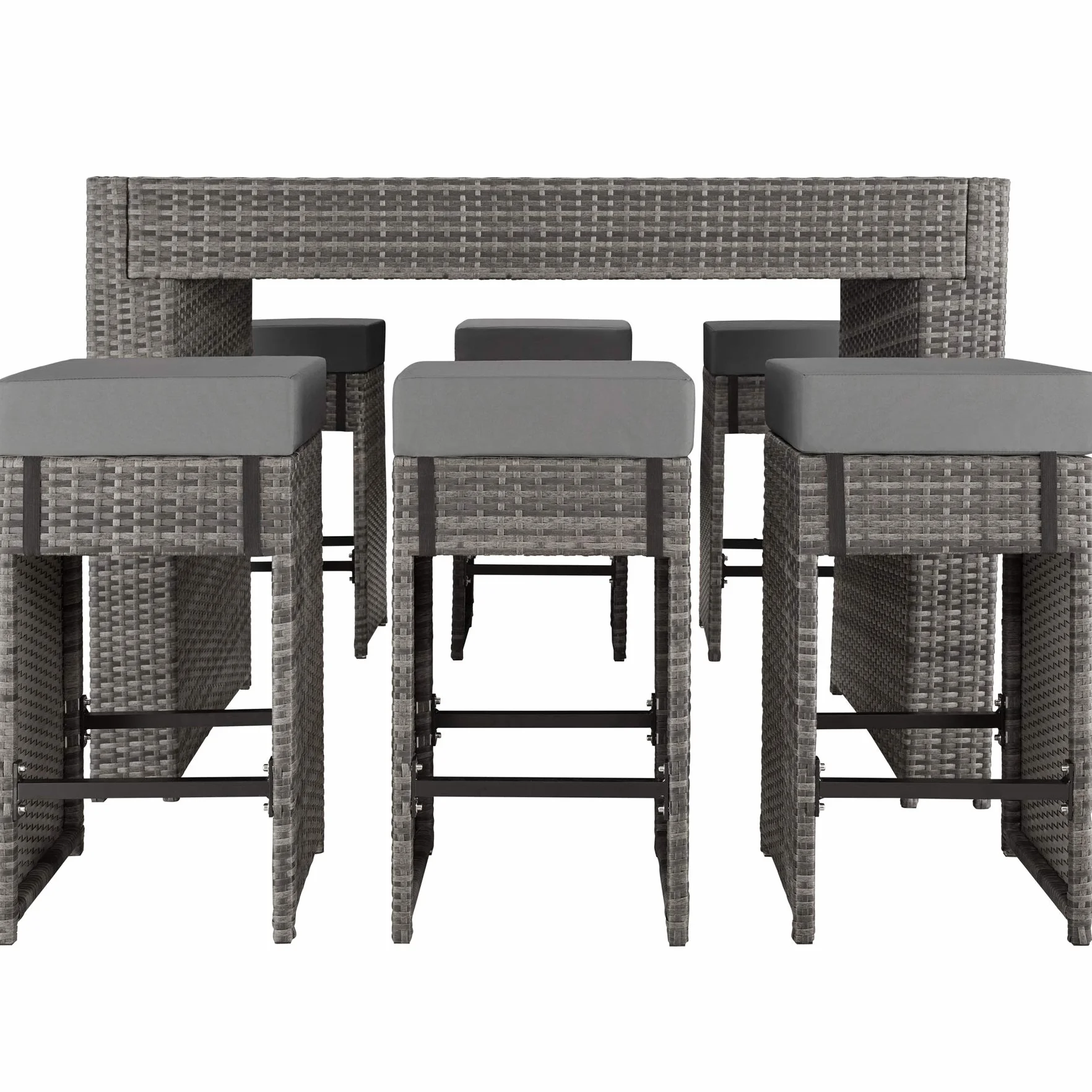 tectake® Set Tavolo e Sgabelli da Bar in Polyrattan Ibiza, Set da Bar 7 Pezzi, 1 Tavolo con Lastra in Vetro, 6 Sgabelli, Comodi Cuscini, Involucro Protettivo Incluso - Grigio