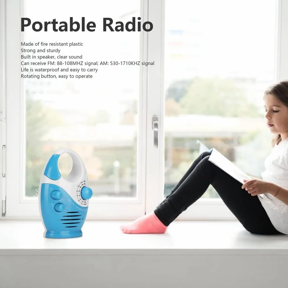 Radio doccia impermeabile AM/FM con altoparlanti regolabili e maniglia a gancio