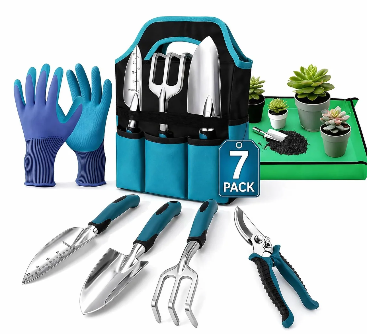 Kit Giardinaggio 7 Pezzi, Attrezzi Giardinaggio in Alluminio con Manico Ergonomico Antiscivolo, Antiruggine e Borsa, Set Giardino Completo per Uomini e Donne