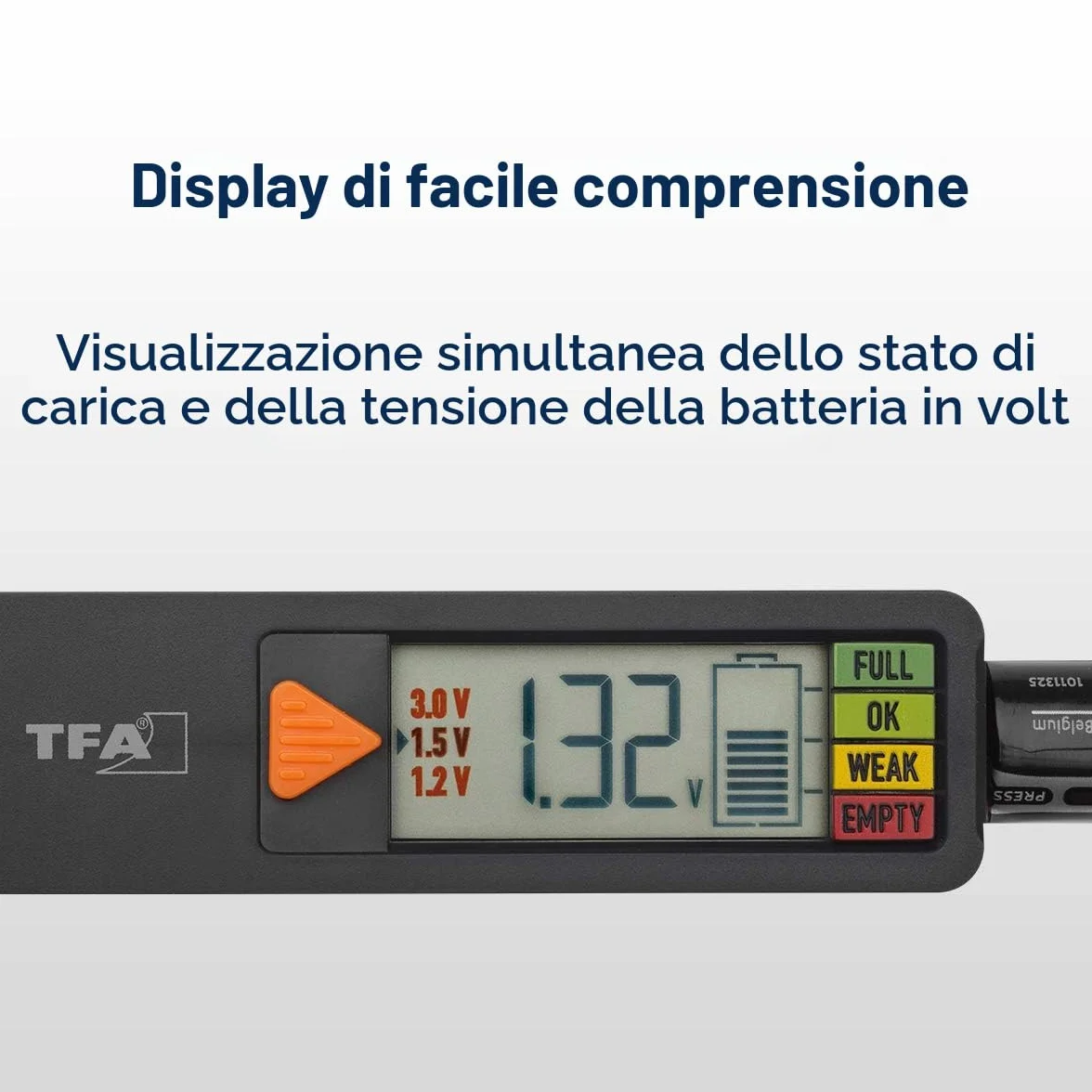 TFA Dostmann BatteryCheck Tester per batterie AAA AA C D pila a bottone indicatore carica voltaggio nero