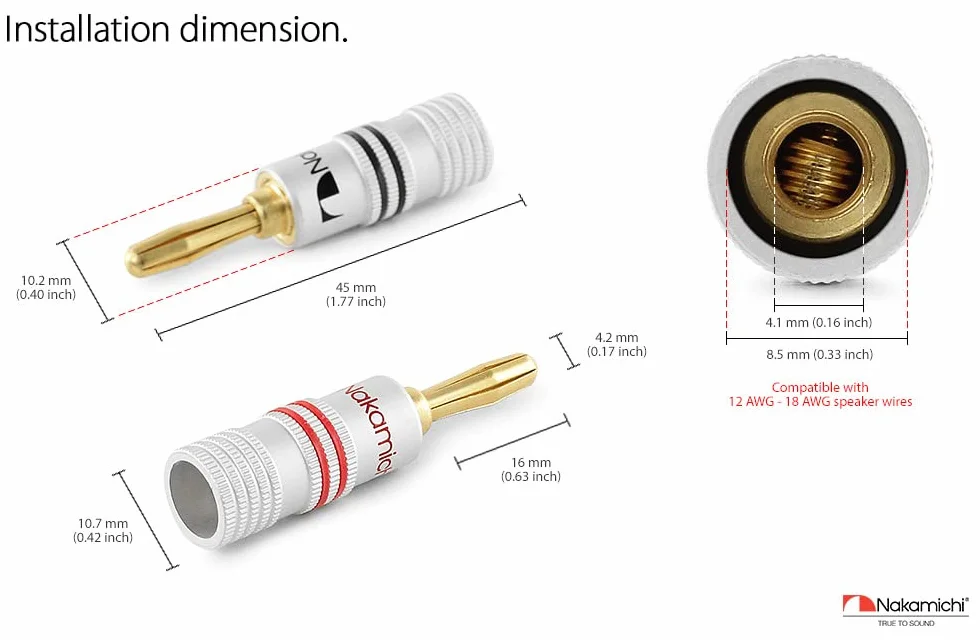 Nakamichi connettori a banana 12-18 AWG 4 mm placcati oro 24 K per altoparlanti HiFi 8 pezzi