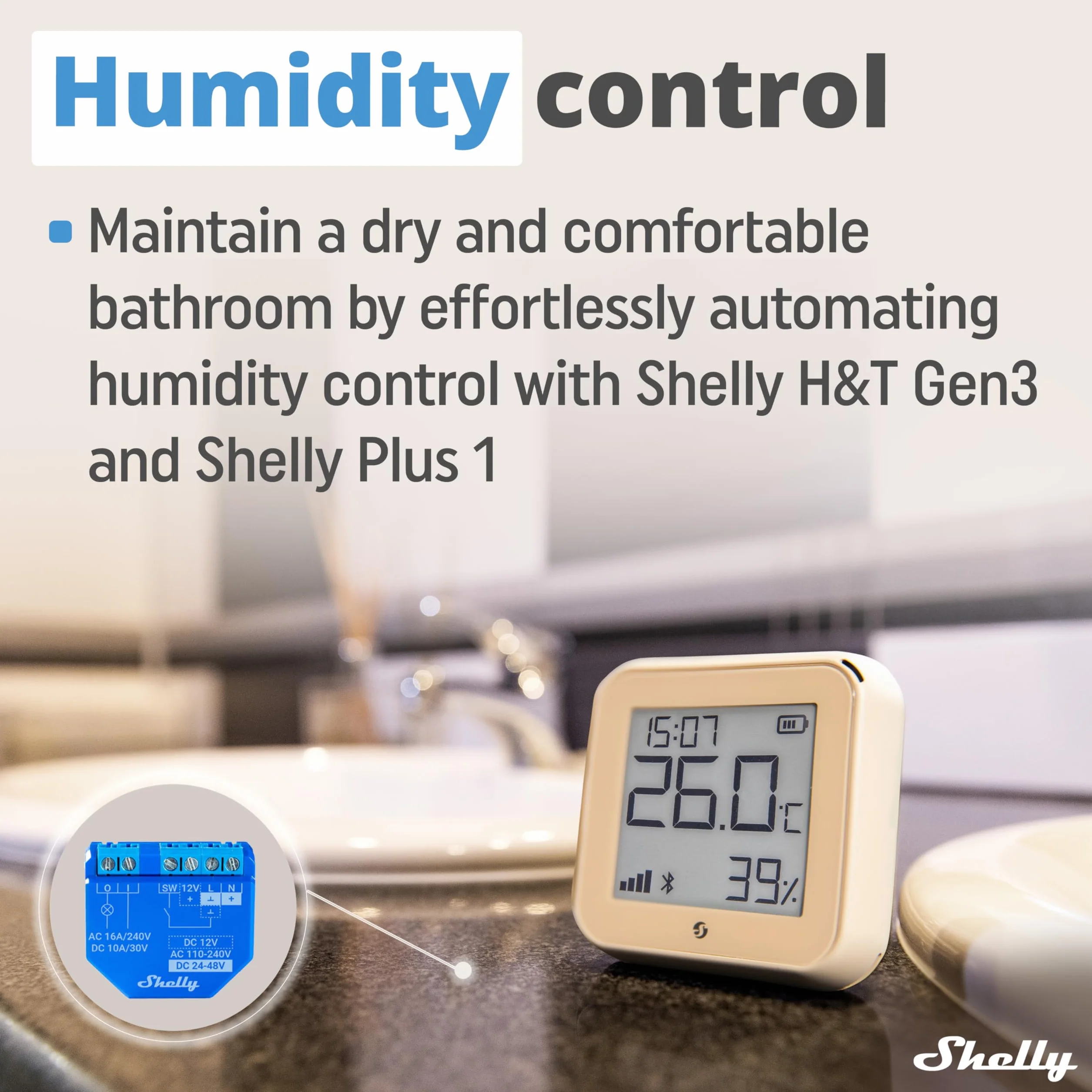 Shelly H&T Gen3 Sensore Smart Wi-Fi di Temperatura e Umidità, Monitoraggio Remoto, Nessun Hub Richiesto, Alexa & Google Home