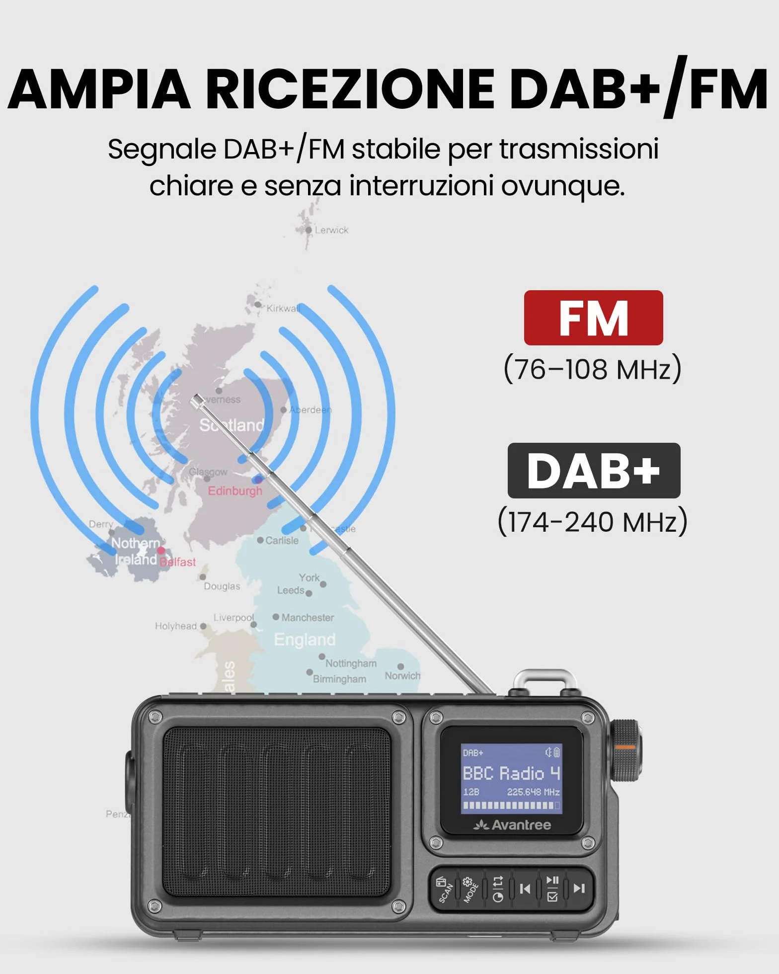 Avantree SP851 Radio Digitale Portatile DAB+/FM Bluetooth 6.0 Altoparlante Ricaricabile TF/USB Display LCD Scansione Automatica Torcia