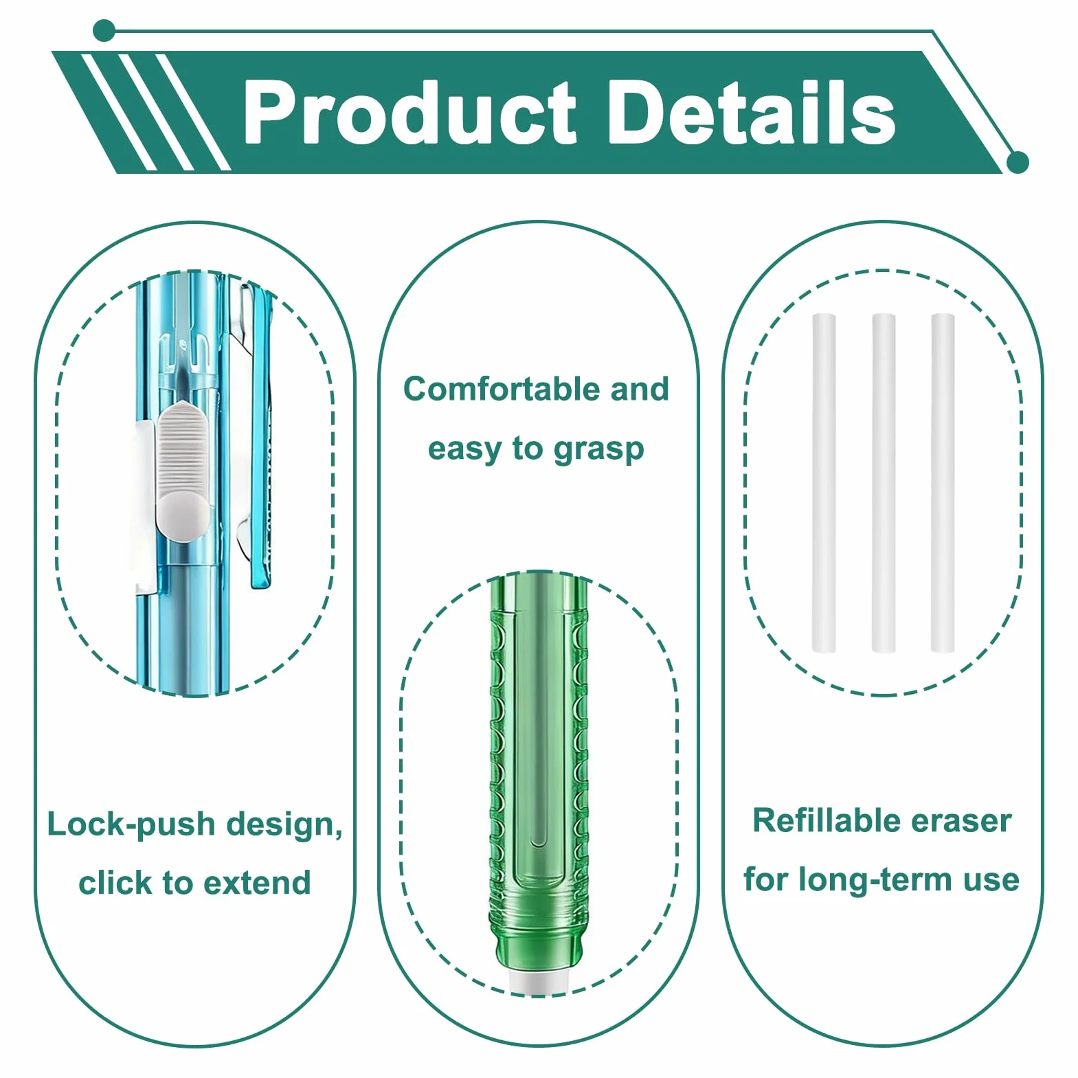 Gomme meccaniche retrattili set 2 con 6 ricariche penne precisione disegni scritture schizzi cancellabili blu verde