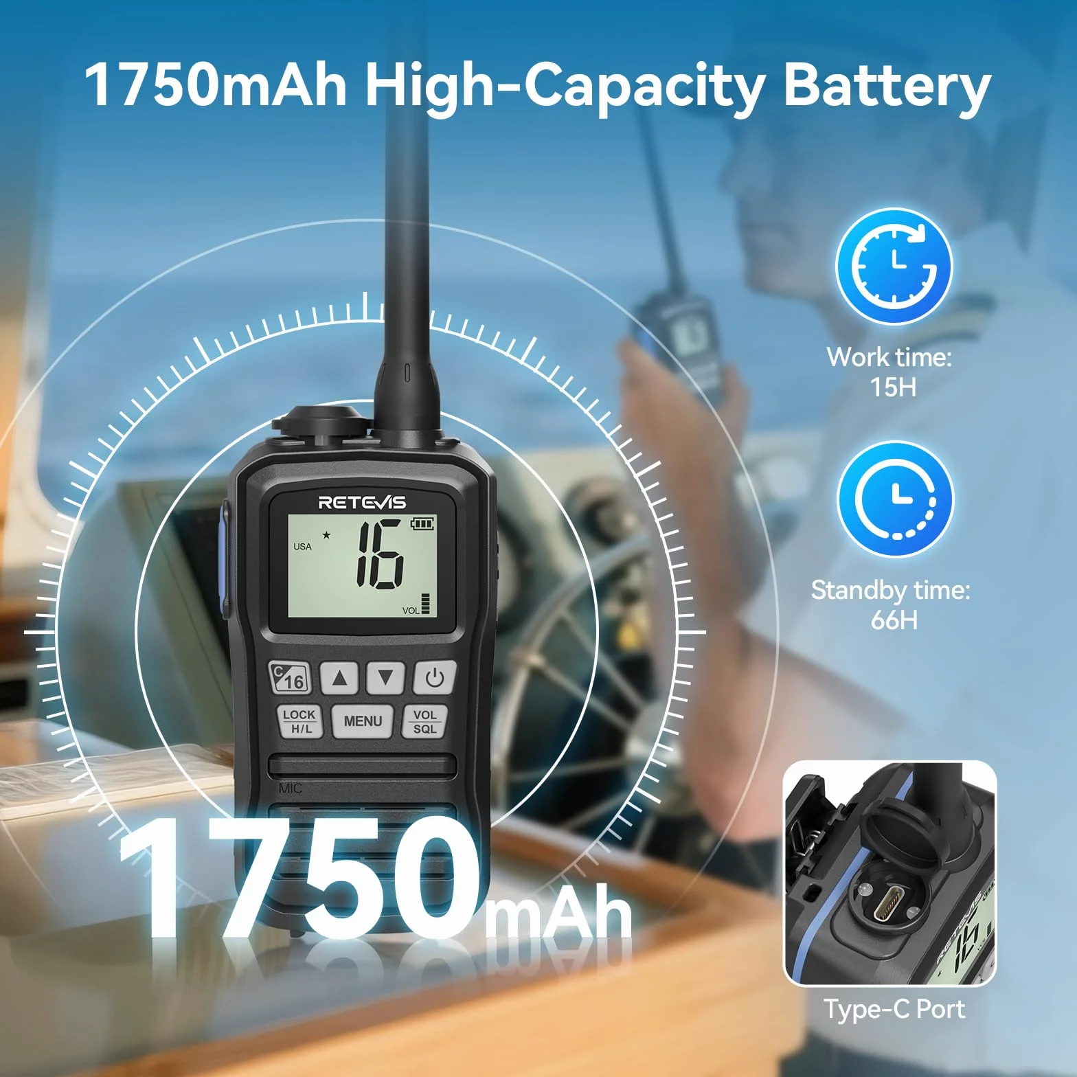 Retevis RM01P Marine Walkie Talkie IP67 Impermeabile VHF 88 Canali 1750mAh Tipo C Nero