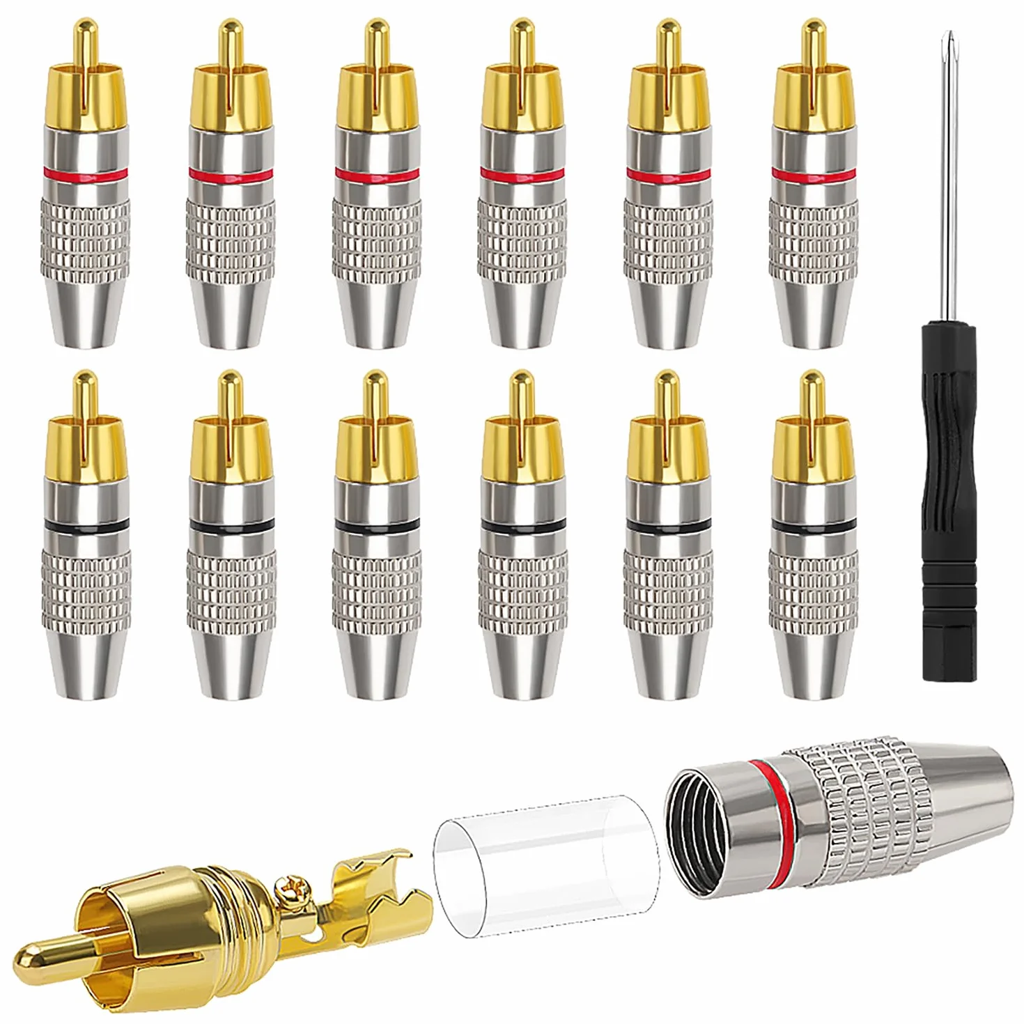 Connettore Audio Video Spina RCA Placcato Oro Spina Maschio Senza Saldatura con Cacciavite per Multimedia e CCTV 12 Pezzi