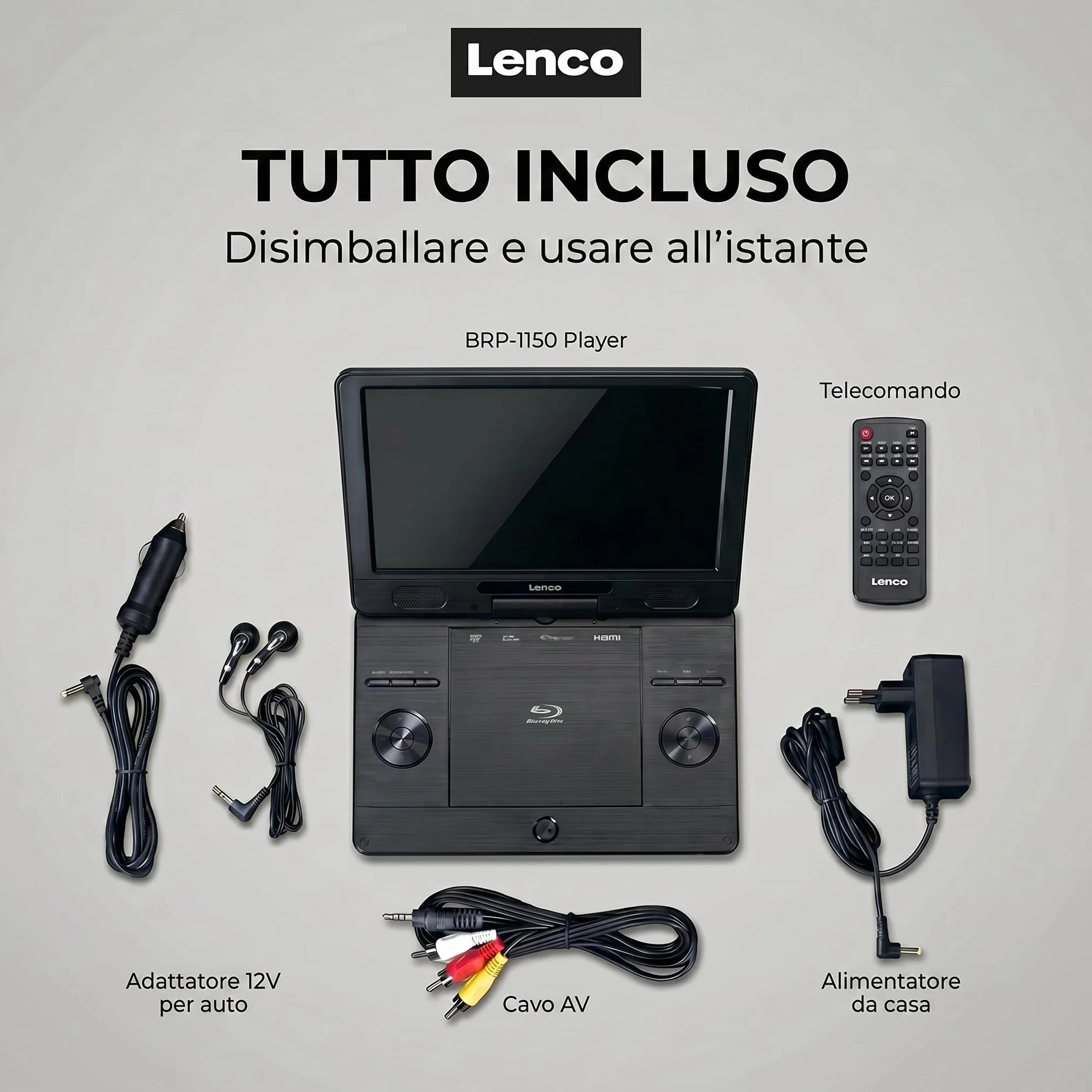 Lenco BRP-1150 Lettore DVD portatile Blu-Ray Schermo TFT 11,5" 1024x600 Pixel Batteria integrata Nero