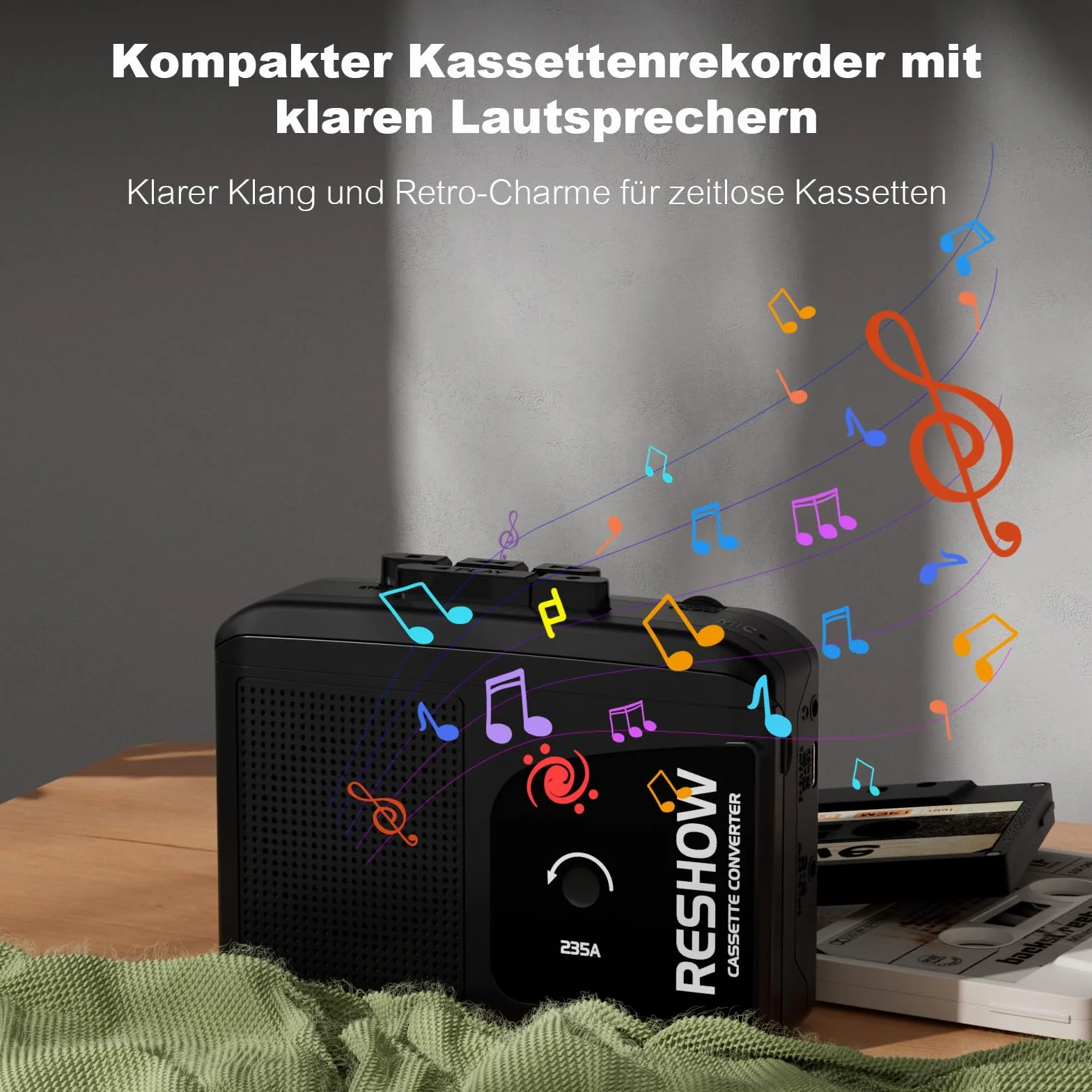 Reshow Registratore a cassette portatile con microfono integrato e altoparlante convertitore USB MP3 nero