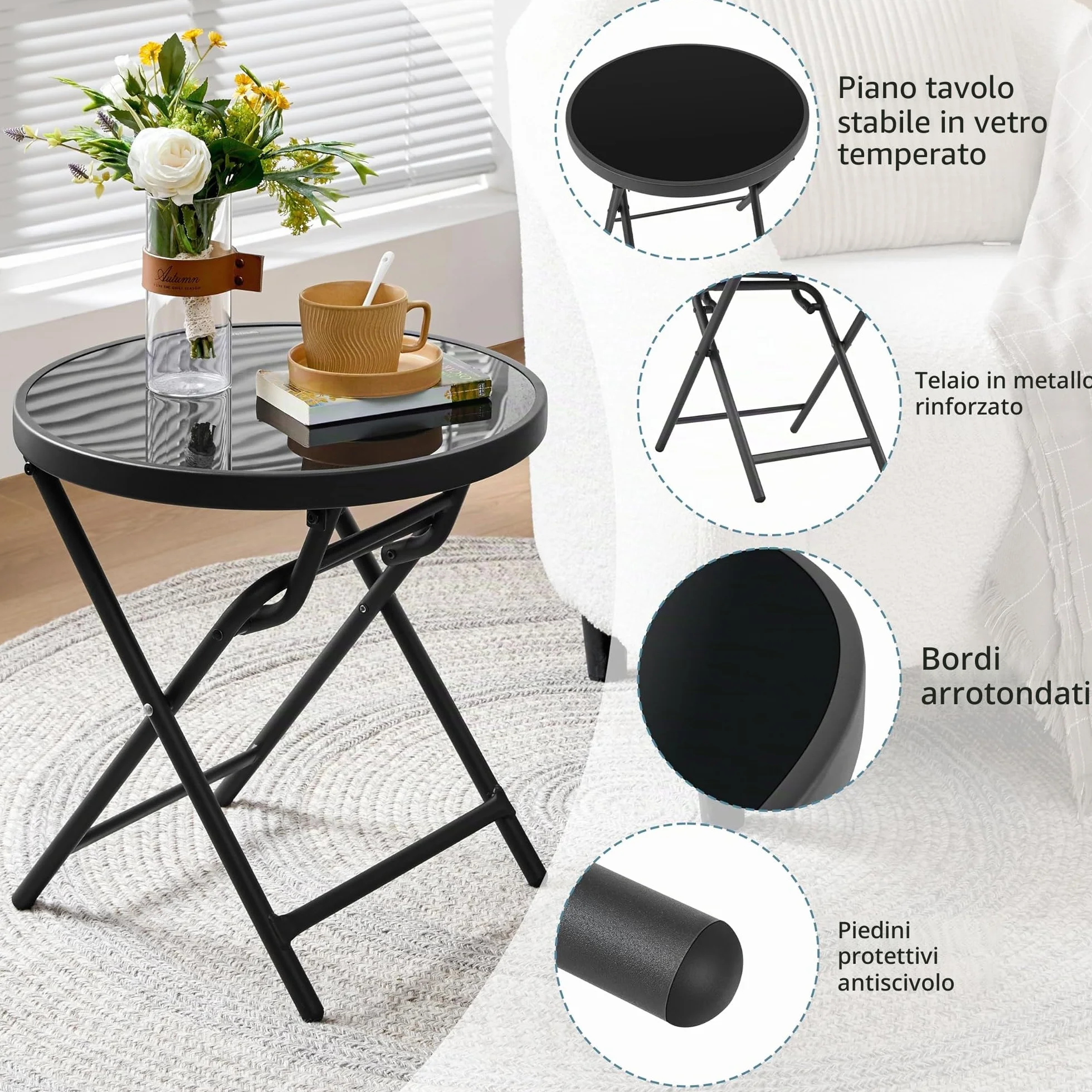 Yaheetech Tavolino Rotondo Pieghevole Dia.46 cm in Vetro e Metallo Resistente alle Intemperie Nero
