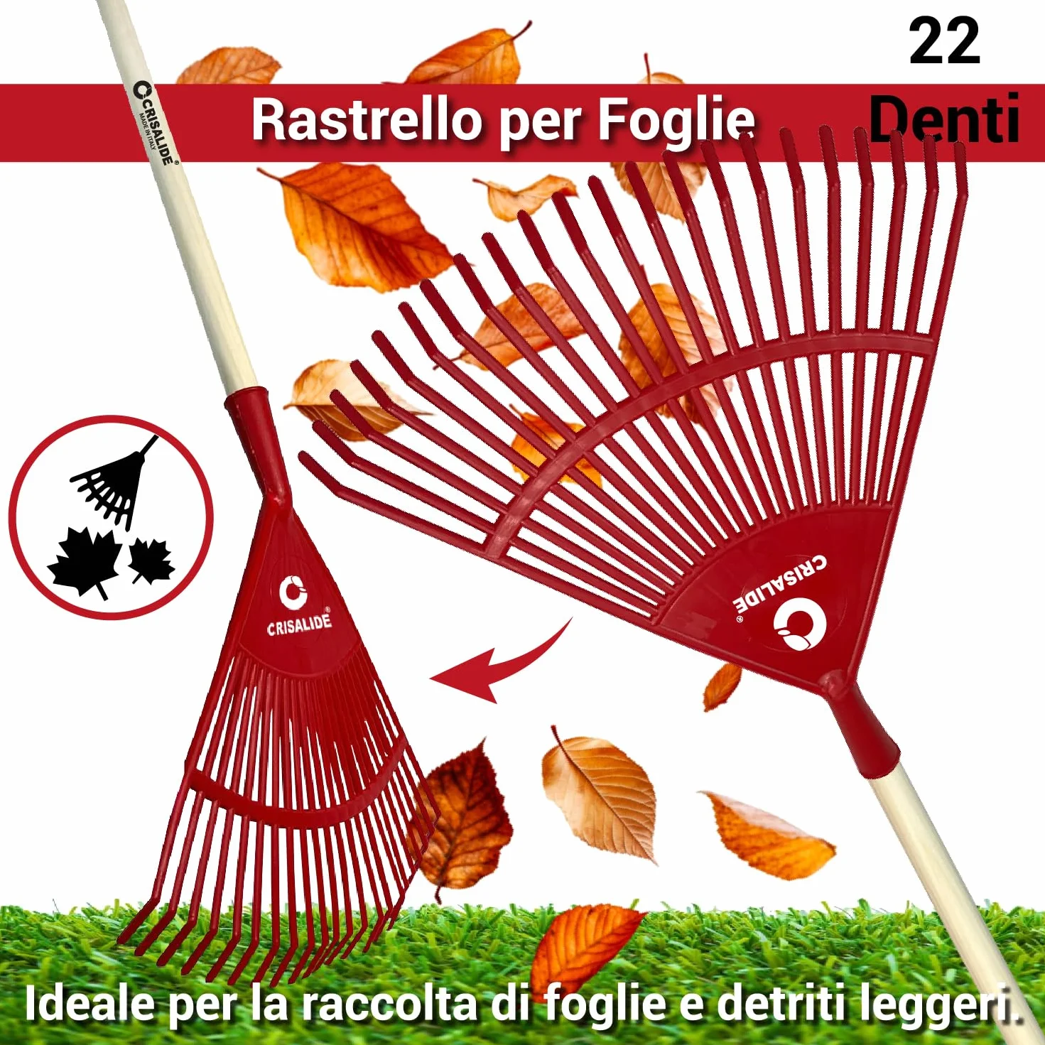 Crisalide®- Rastrello In PVC 22 Denti 40x40CM Con Barra Di Rinforzo, Completo Di Manico In Faggio 150CM, Ideale Per Foglie E Piccoli Detriti