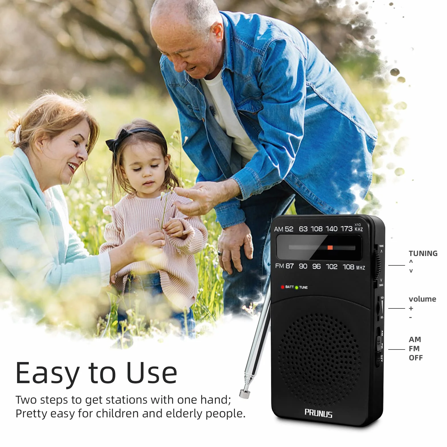 PRUNUS J-166 Radio Portatile FM/AM, Mini Radio a Pile, Eccellente Ricezione, Nero