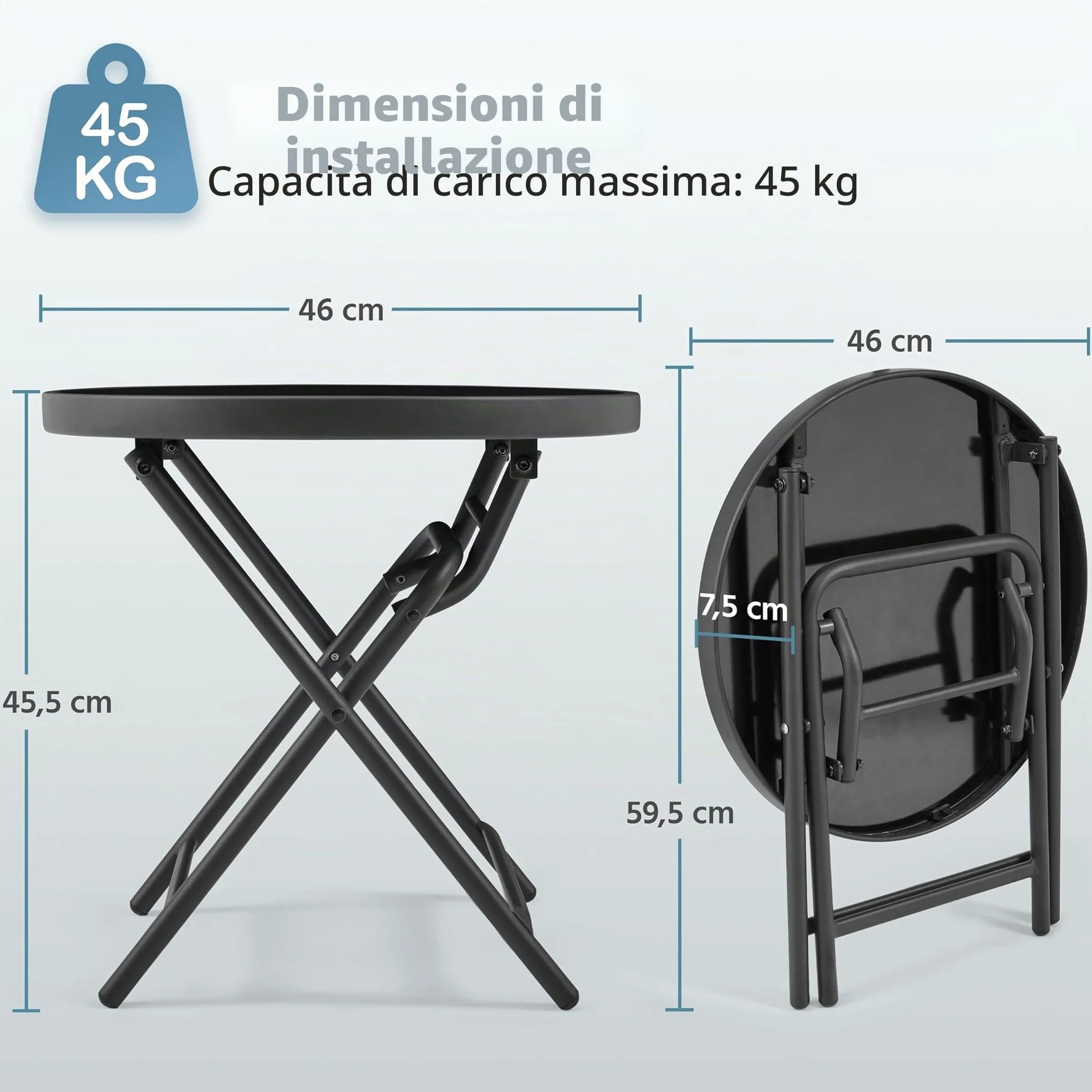 Yaheetech Tavolino Rotondo Pieghevole Dia.46 cm in Vetro e Metallo Resistente alle Intemperie Nero