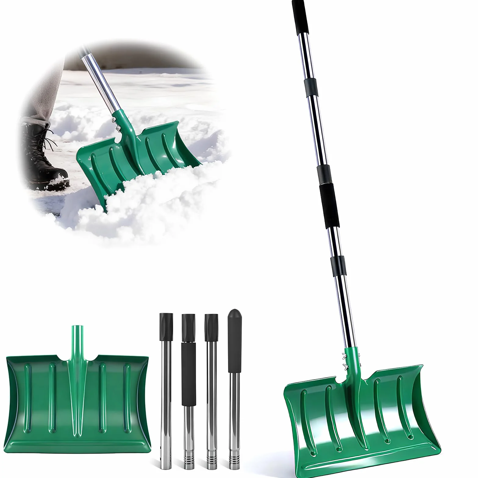 Pala da neve con manico lungo 163 cm, in metallo ad alta resistenza con pala larga 41 cm, manico ergonomico lungo e schiuma anti-gelo per la rimozione della neve di vialetti, auto, pacciamatura, terra
