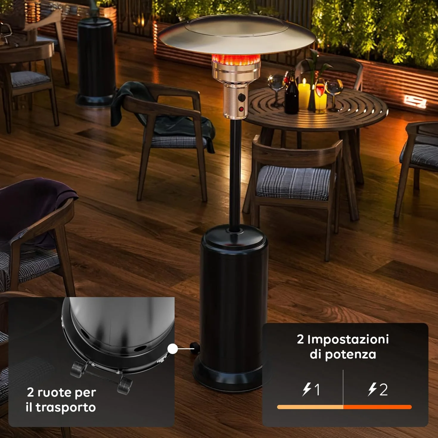 Stufa a Fungo Riscaldante per Esterno a Gas 12kW, Accensione Piezoelettrica, Ruote Integrate, Compatibile con Bombola 15Kg, Nero
