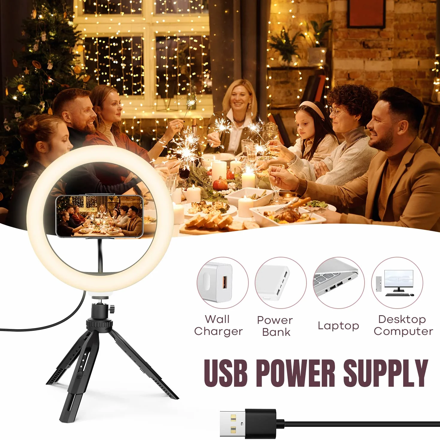 RealPlus 10" Selfie Ring Light, Luce ad Anello per Telefono, 120 LED, 3 Modalità di Illuminazione, Ricaricabile a Clip