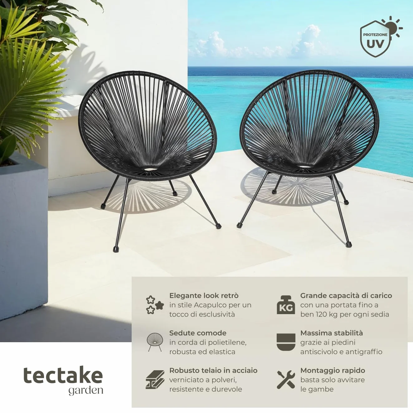 tectake® Set 2 Sedie Santana, Confortevole Set Sedie in Stile Retrò, Robusto Telaio in Acciaio, Corde Elastiche in Polietilene, Adatto per Interni ed Esterni - Nero