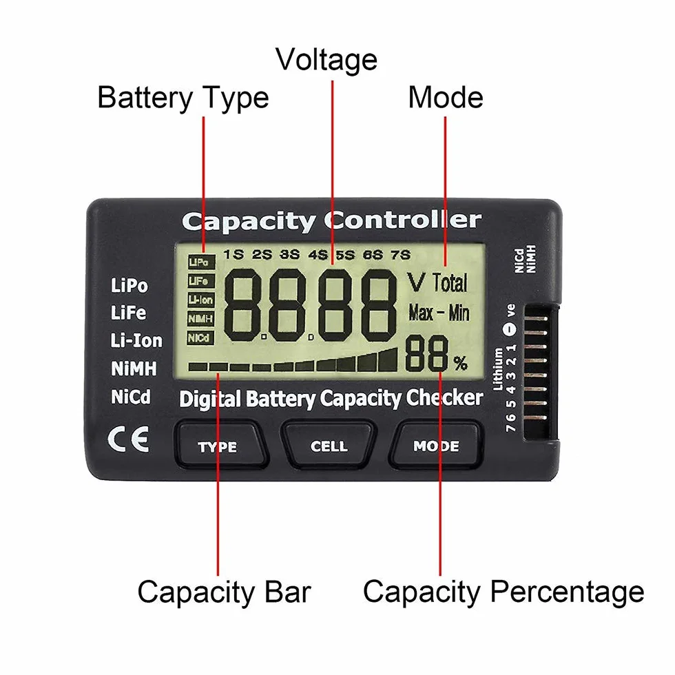 YIXISI 2.1 RC Cellulare Capacita' Meter Digital Battery Checker per NiCd/NiMH/LiPo/LiFe/Li-ion