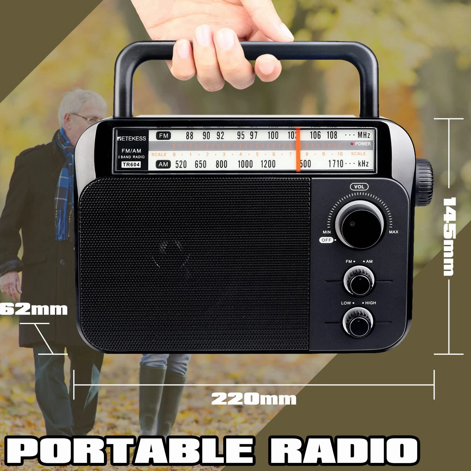 Retekess TR604 Radio Portatile FM AM a Corrente con Batteria Grande Display