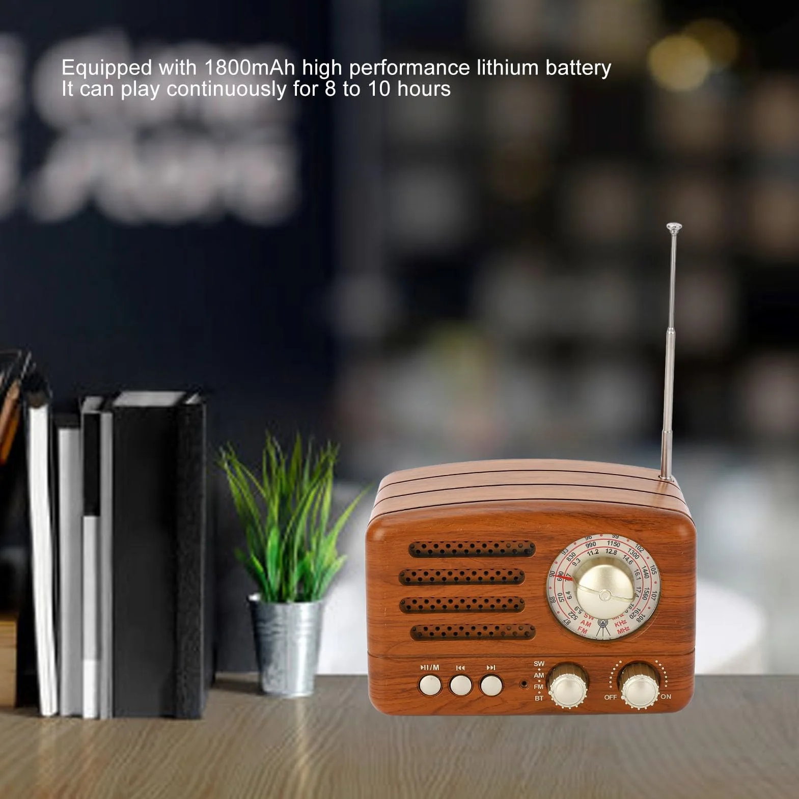 Radio AM FM vintage Altoparlante retrò portatile USB con antenna regolabile, batteria 1800mAh, legno