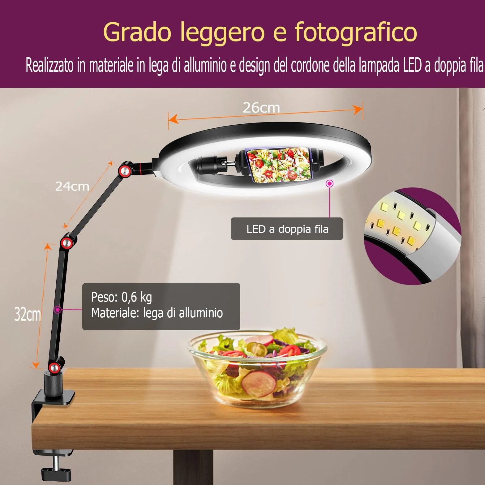 Ring Light 10'' da Tavolo per Ufficio, Lampada Videoconferenza con Supporto Regolabile per YouTube Tiktok