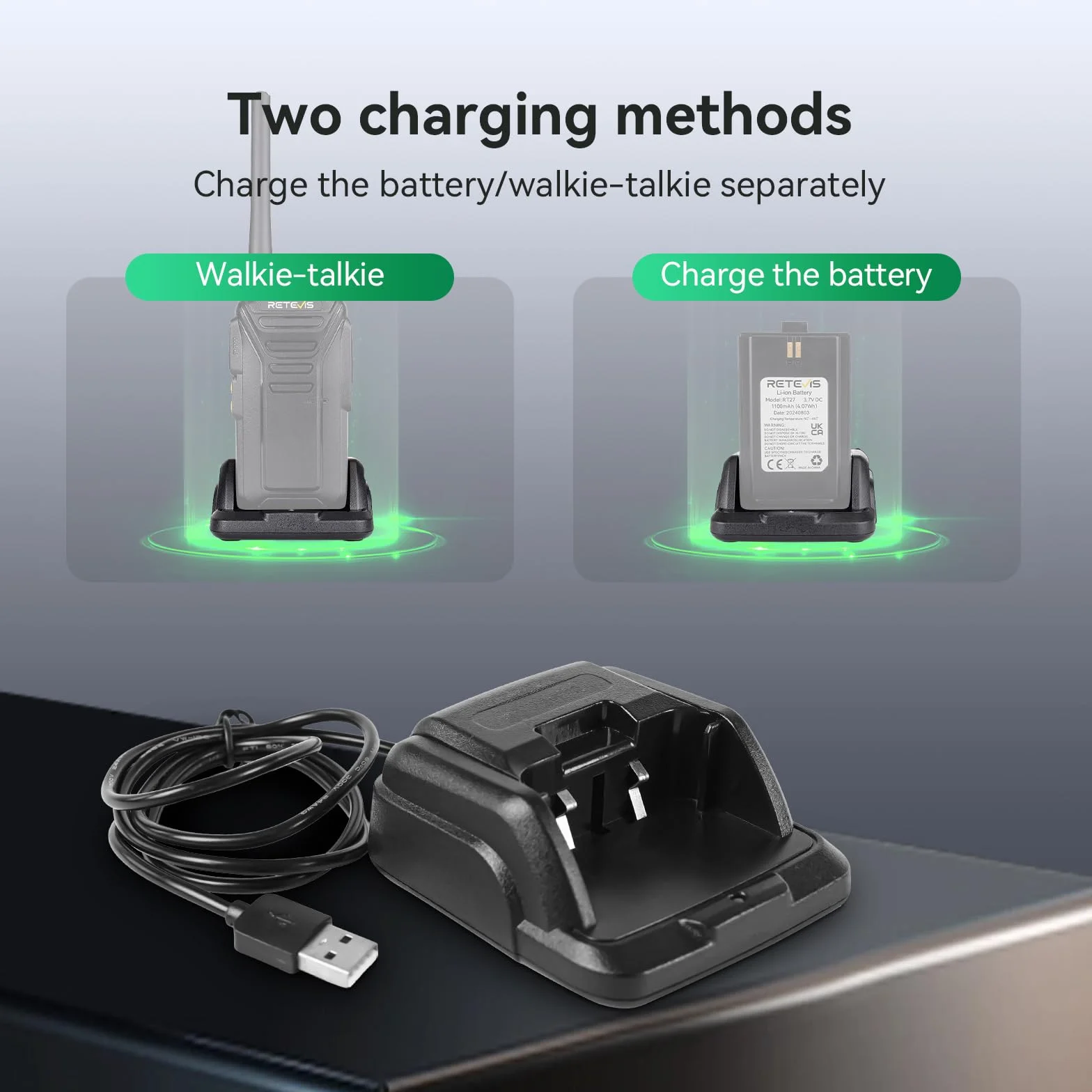Retevis RT27 Caricabatterie Base di Ricarica Originale con USB Compatibile, Nero